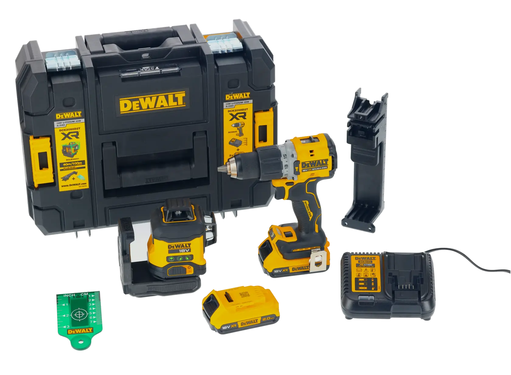 18V XR Brushless Twin Kit with multi-line green laser, hammer drill, 2 x2ah battery, charger, drop ceiling and tripod attachment, target card and case