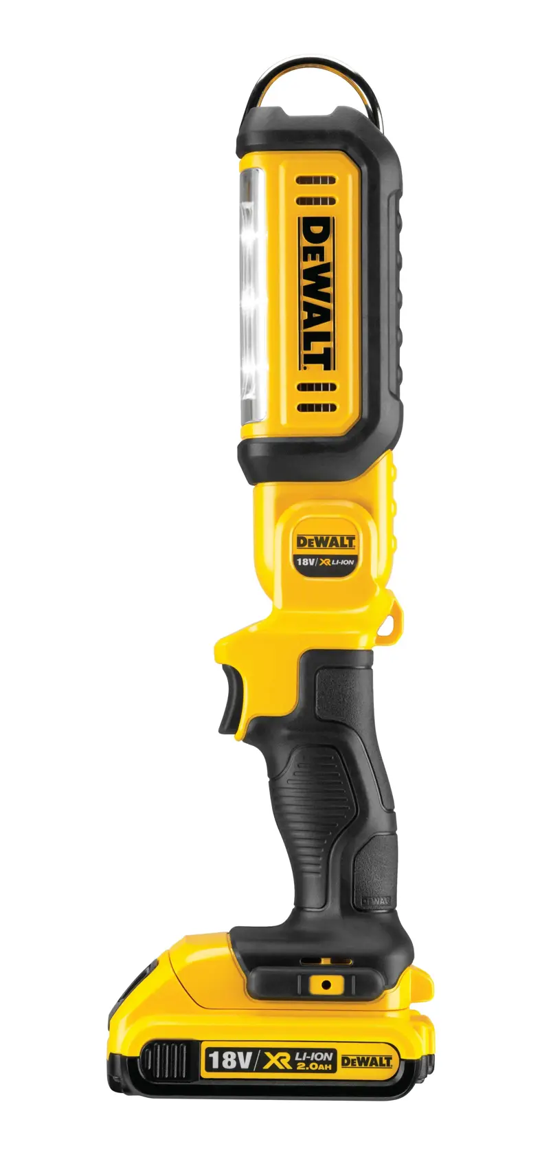 DEWALT DCL050 kabellose LED-Arbeitsleuchte in Gelb und Schwarz mit 18V Lithium-Ionen-Akku.