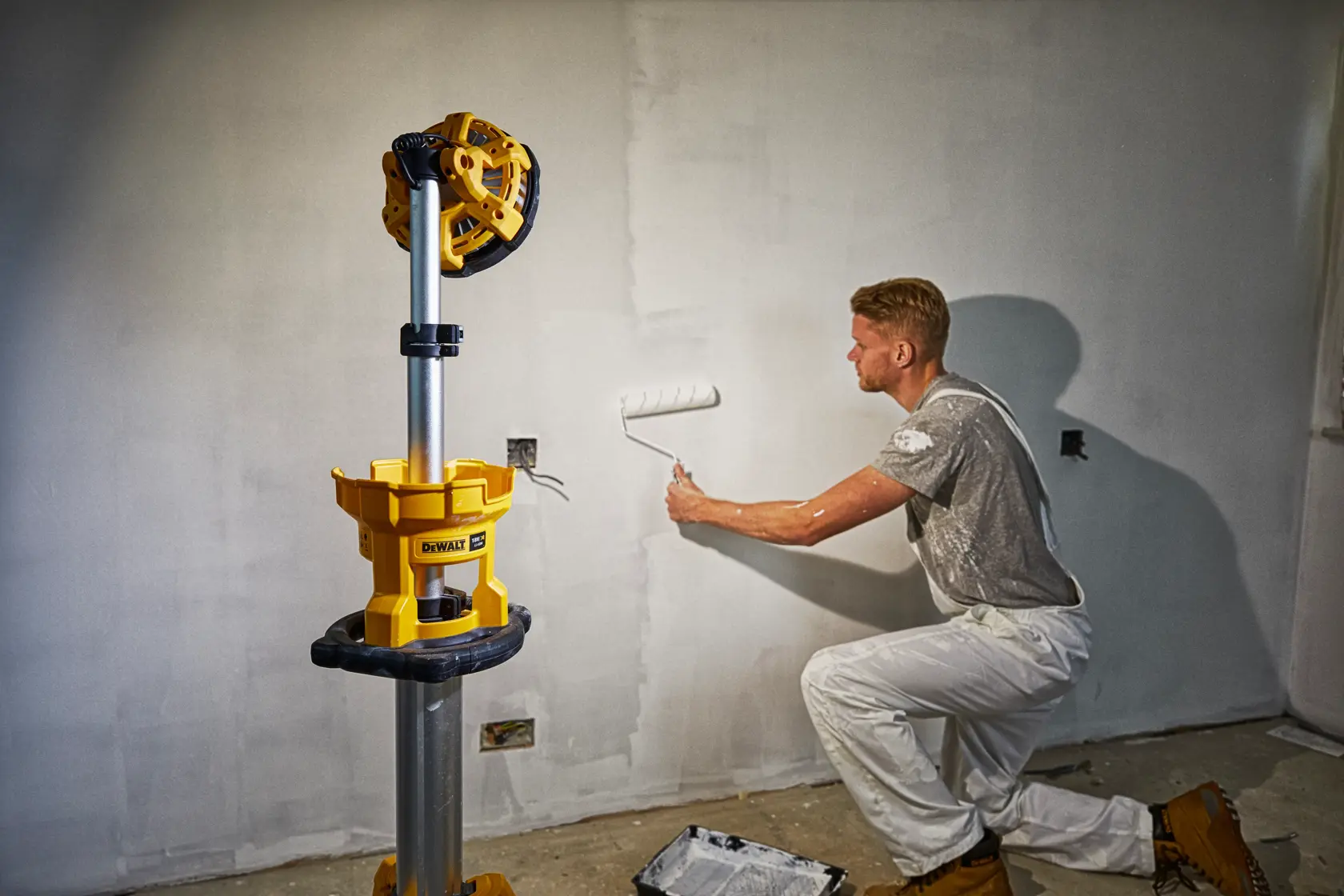 Una lámpara portátil DEWALT (modelo DCL079) está colocada en un trípode en un entorno industrial mientras una persona está soldando sobre ella. Saltan chispas y el texto abajo dice: 'Mayor resistencia y protección. Para uso en interior y exterior.'