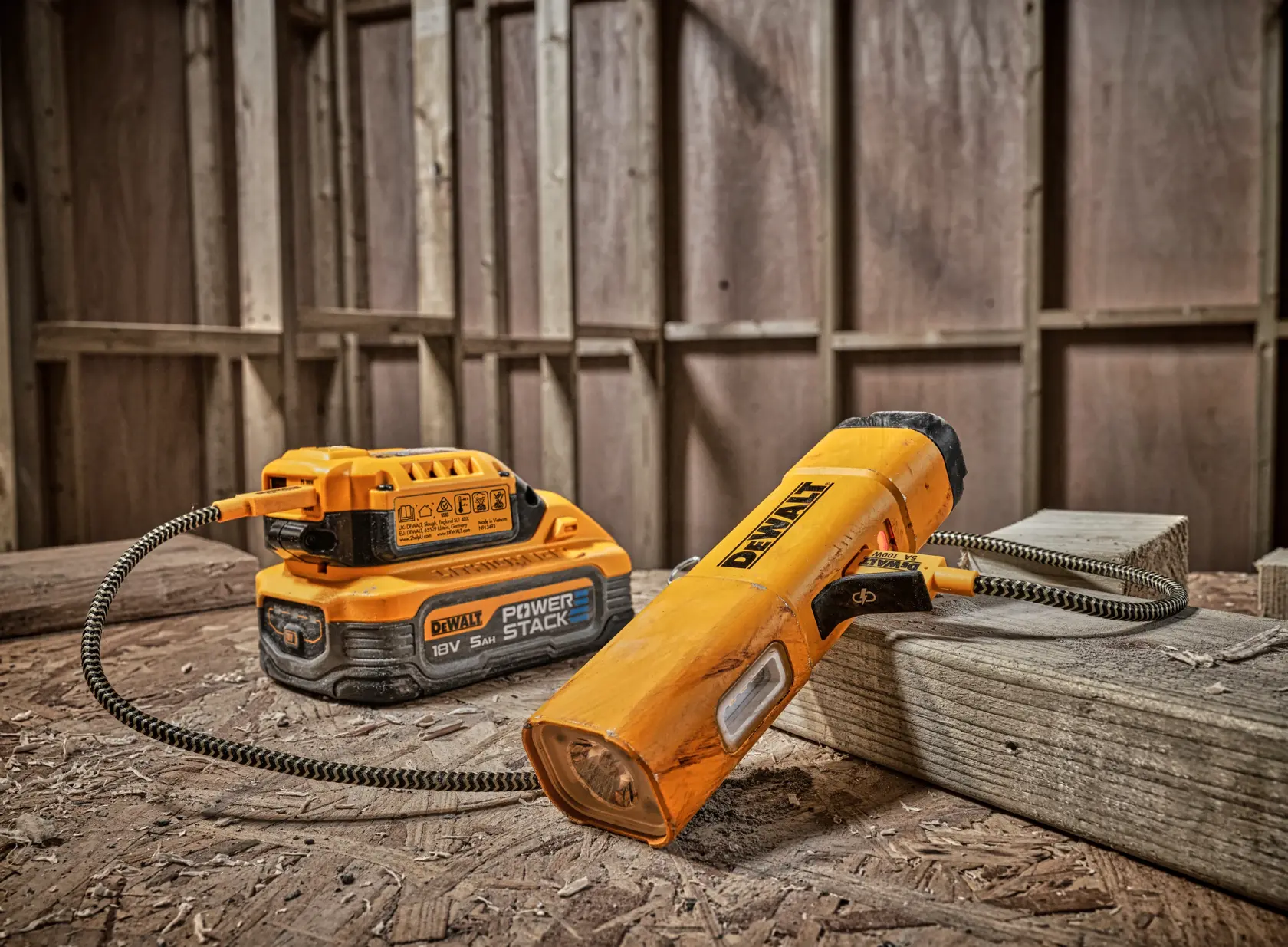 DEWALT DCL183 bærbar LED arbeidslampe med fleksibel ledning, koblet til et DEWALT POWERSTACK 18V batteri, plassert på en treoverflate i et byggemiljø.