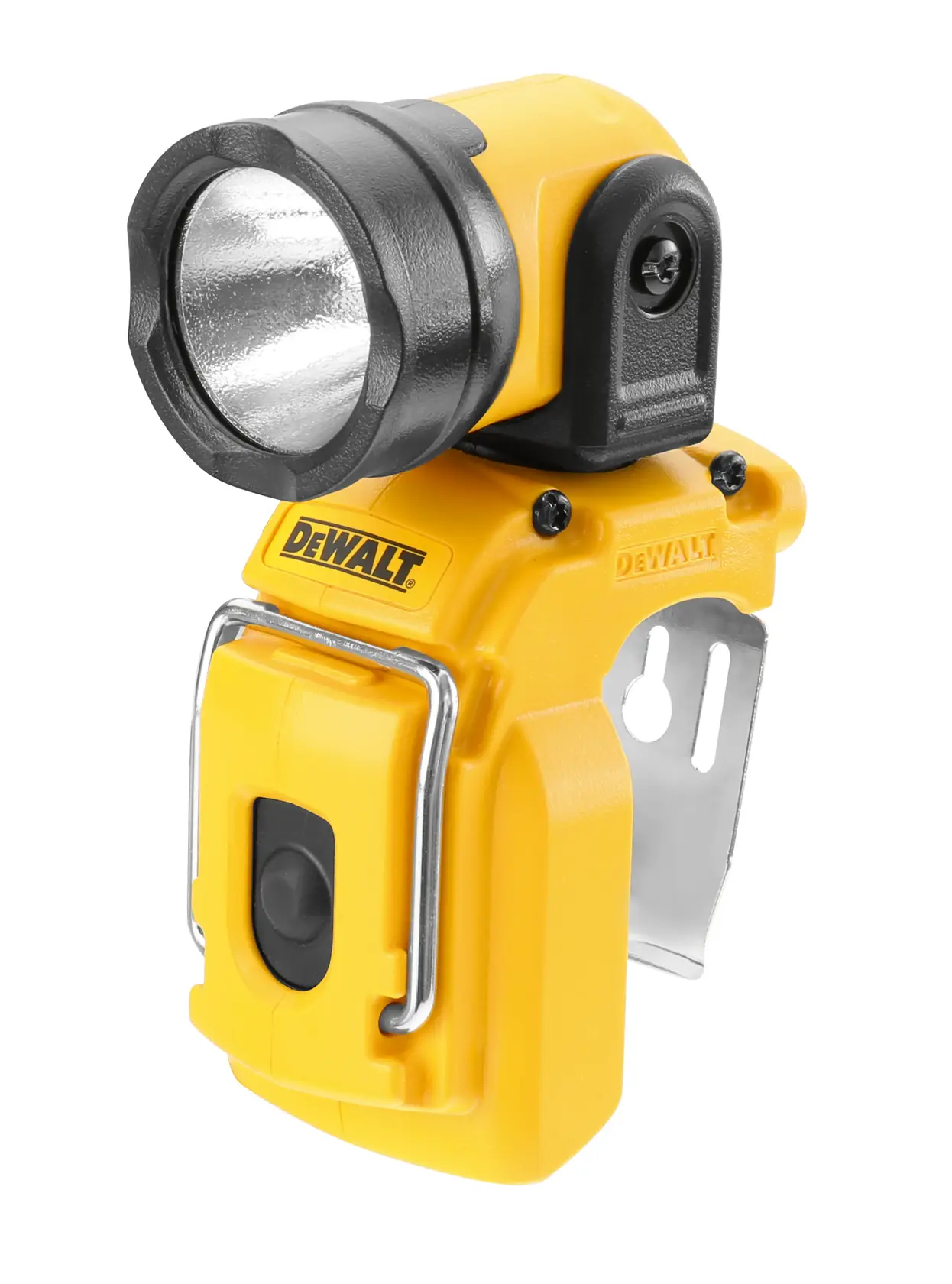 Linterna LED DEWALT amarilla compacta con cabeza ajustable y clip metálico para montaje práctico.