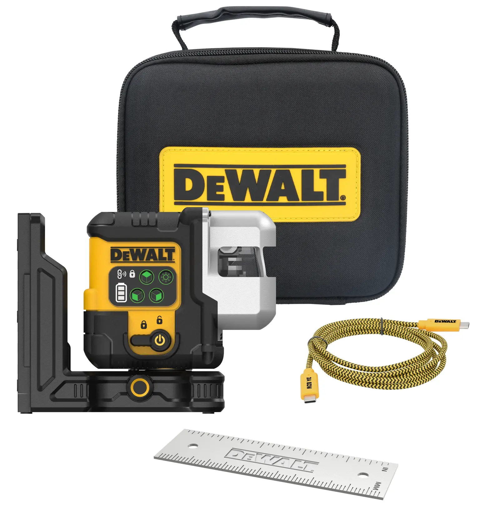 Livella laser DEWALT con linea verde, usata da un operaio per allineare pareti in un cantiere edile.