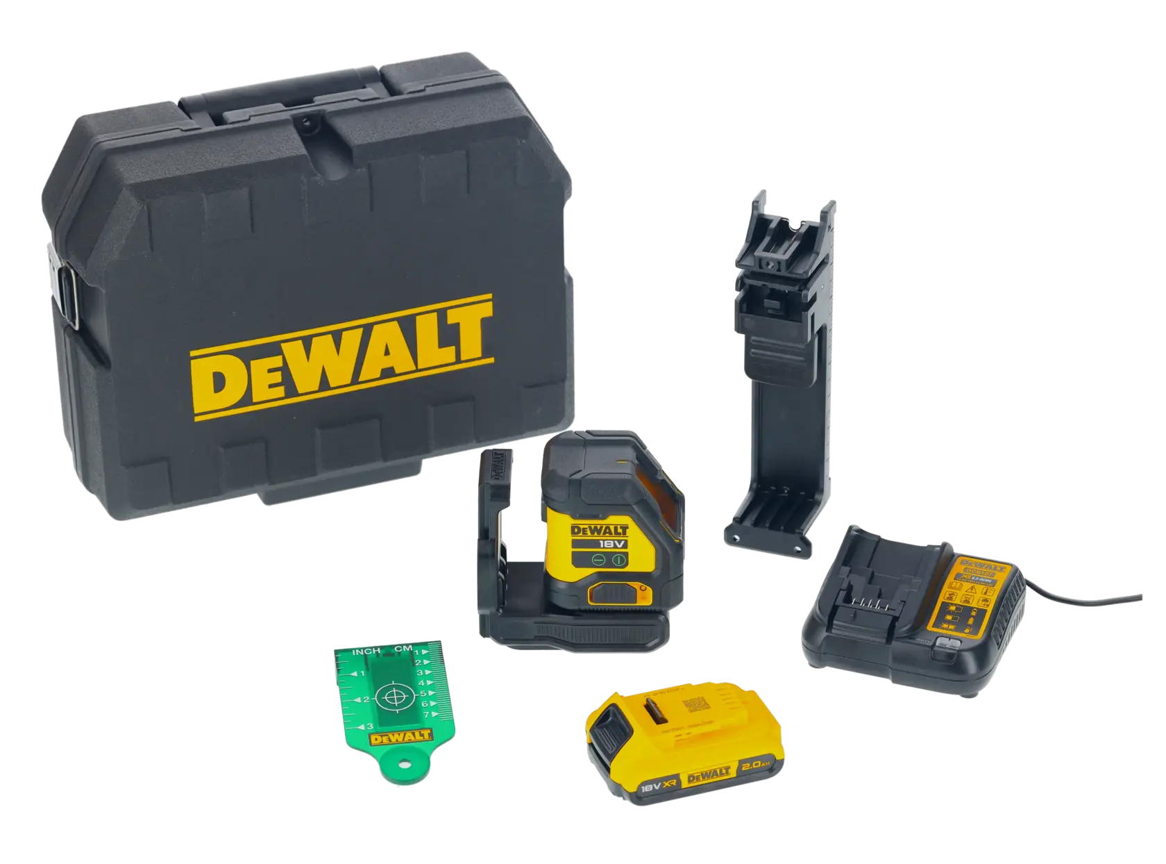 DEWALT laser level kit including a black hard carrying case with yellow DEWALT logo, a yellow and black laser level device, a mounting bracket, a green target plate, a rechargeable battery, and a battery charger.