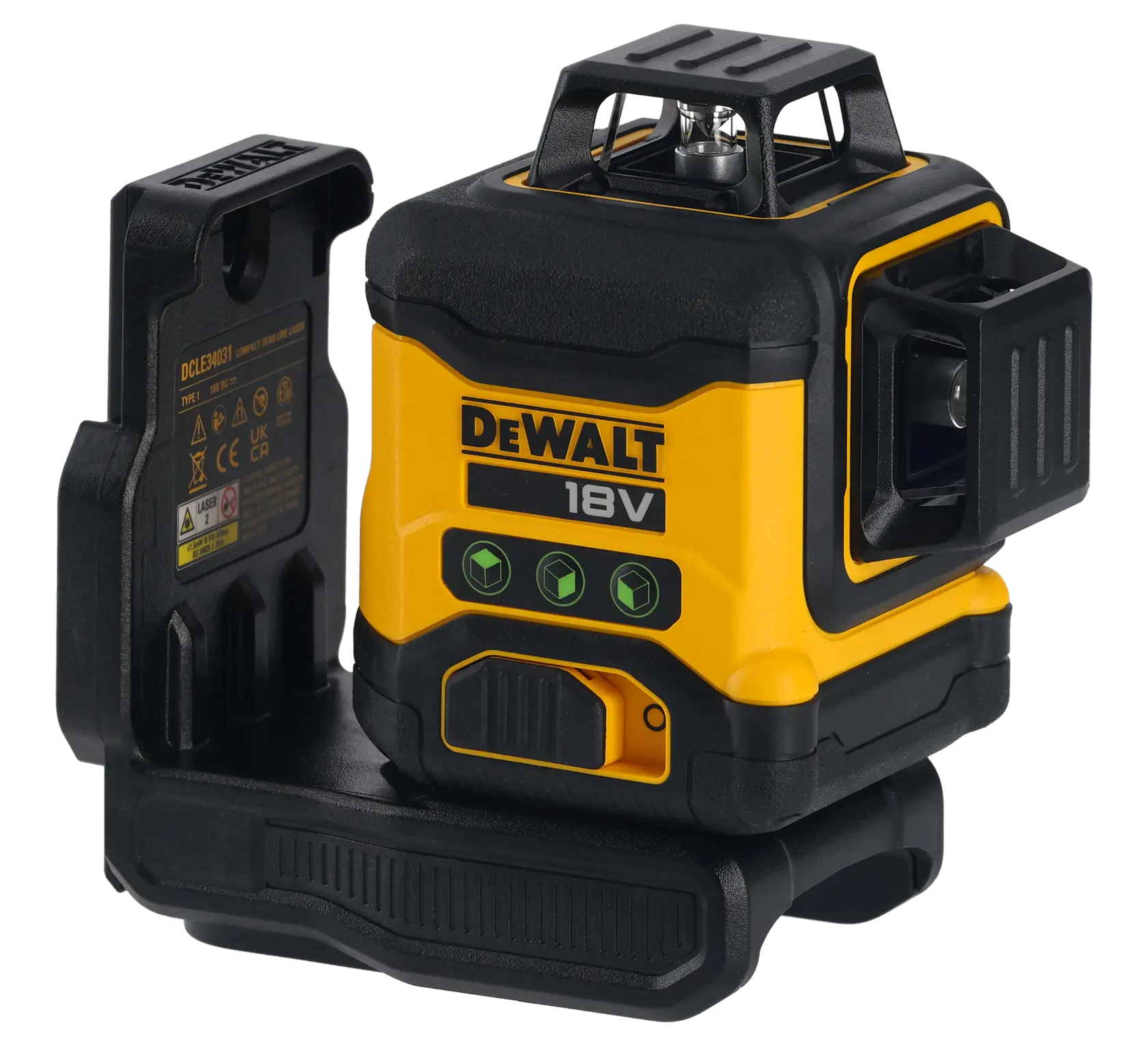 DEWALT 18V yellow and black laser level DCLE34031N with mount, used for precise alignment in construction.