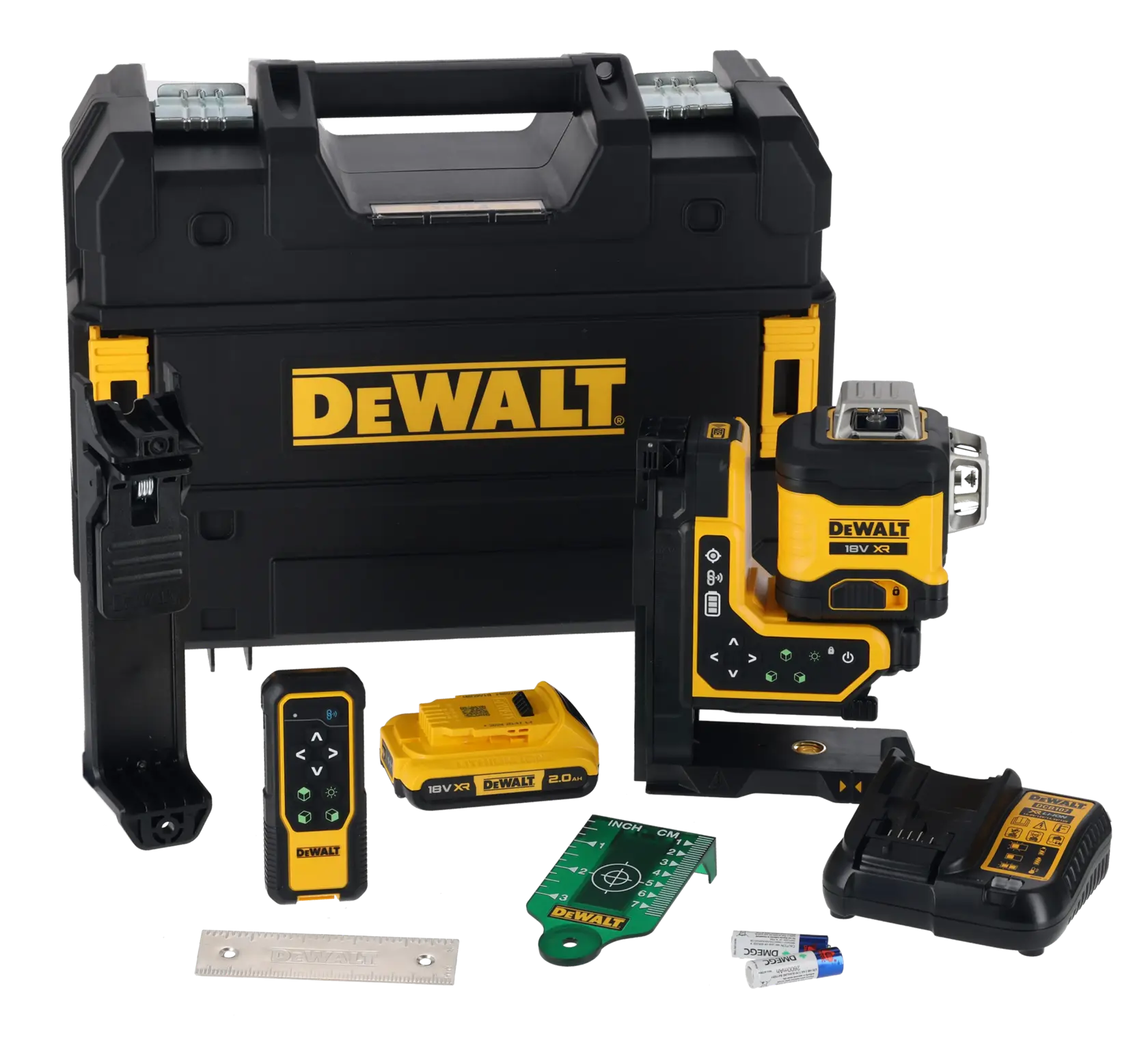 Ein DEWALT-Laser-Nivellierkit mit einem schwarzen und gelben Hartschalenkoffer, Laser-Nivelliergerät, Akku, Fernbedienung, Ladegerät, Lineal, Zielkarte und zwei kleinen Batterien.