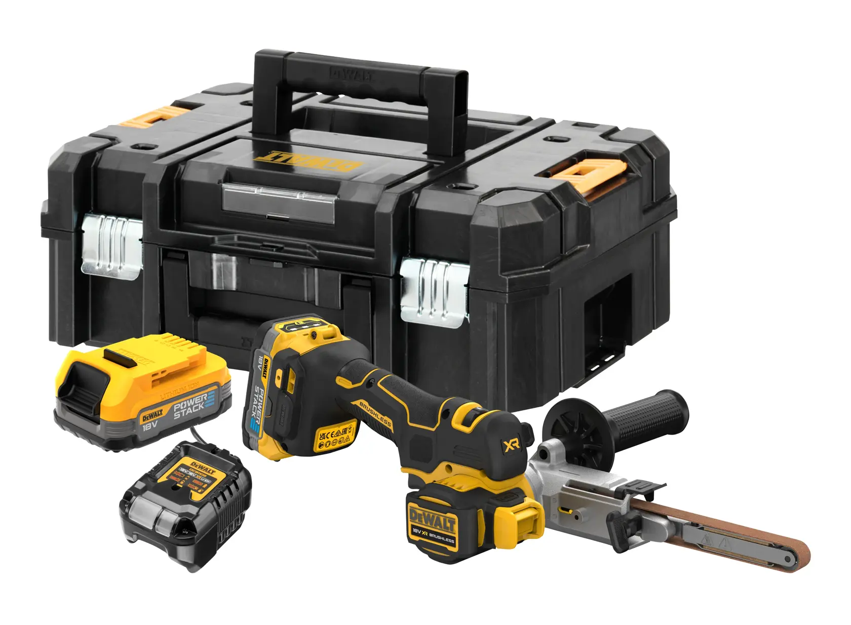 DEWALT cordless belt sander kit with carry case, two batteries, charger, and handheld tool.