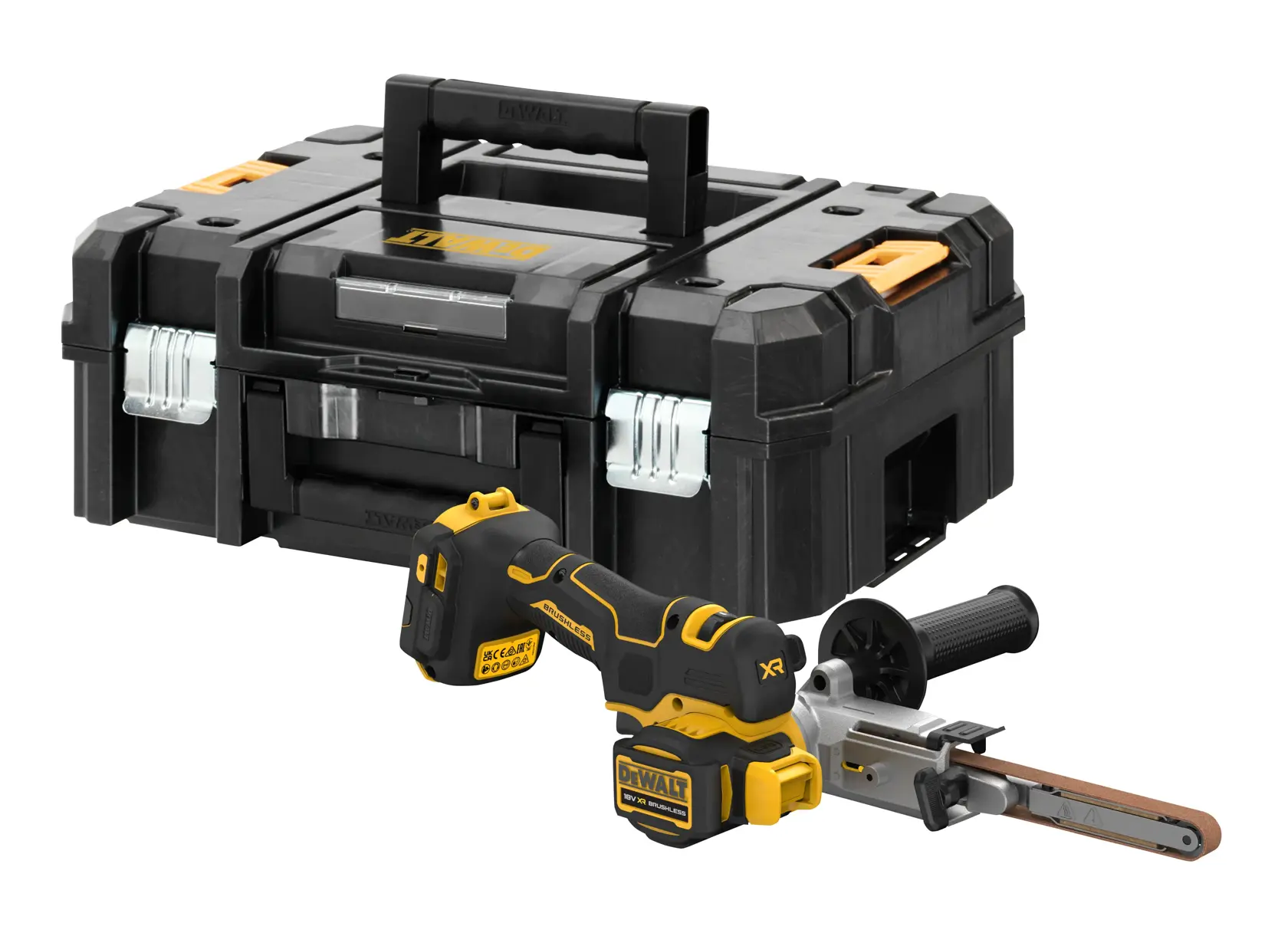 DEWALT cordless file tool with black storage case. Tool is yellow and black, suitable for workshop or jobsite use.