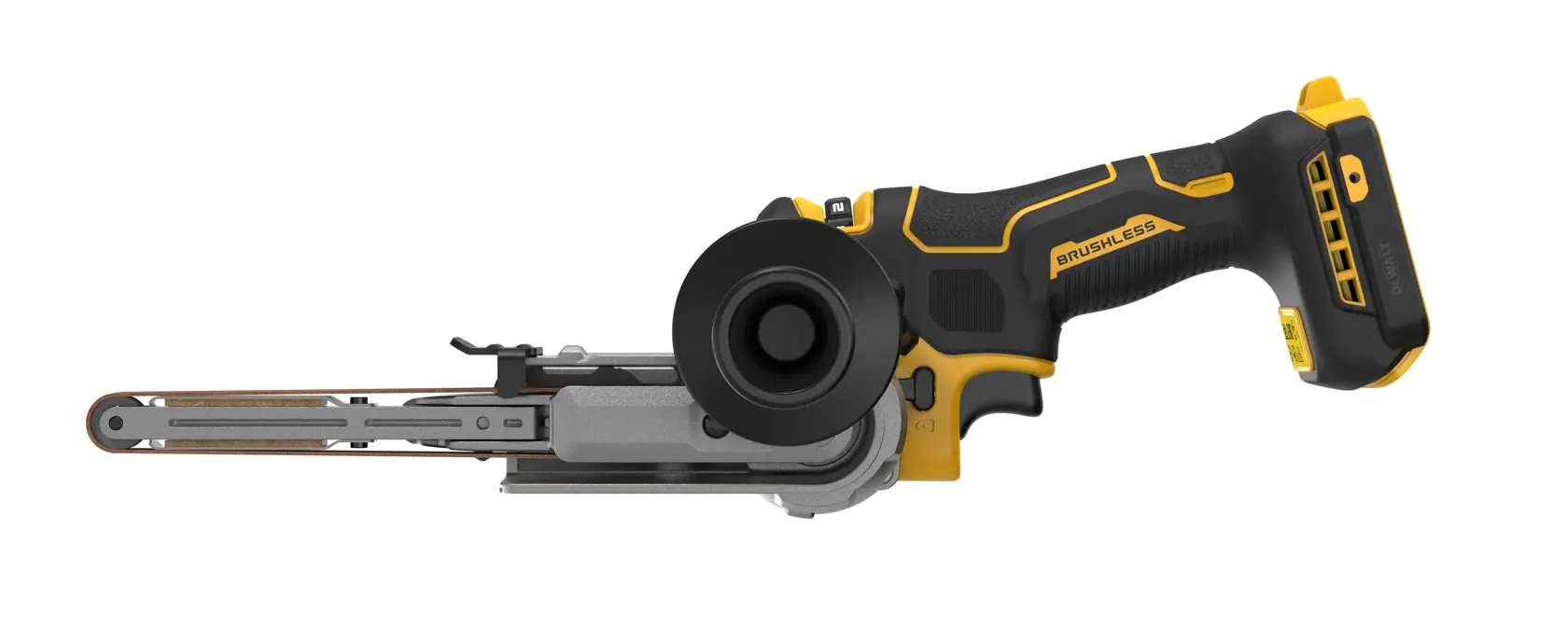 DEWALT cordless belt sander with brushless motor in black and yellow, side profile view.