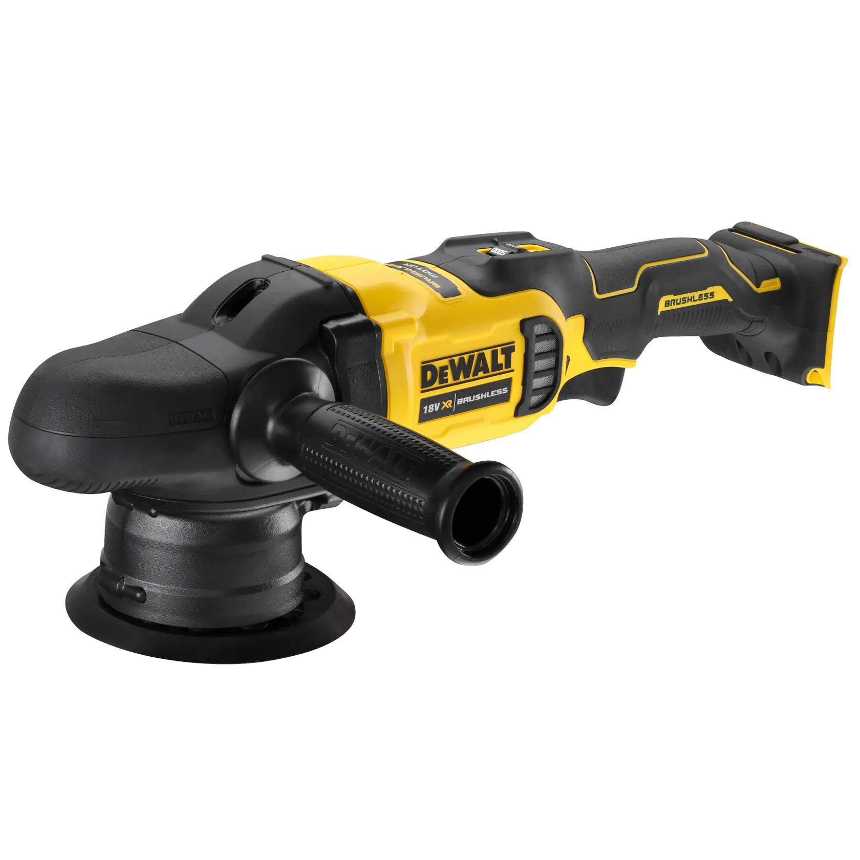 Cordless DEWALT 18V polisher with brushless motor, black and yellow, side handle, suitable for surface finishing.