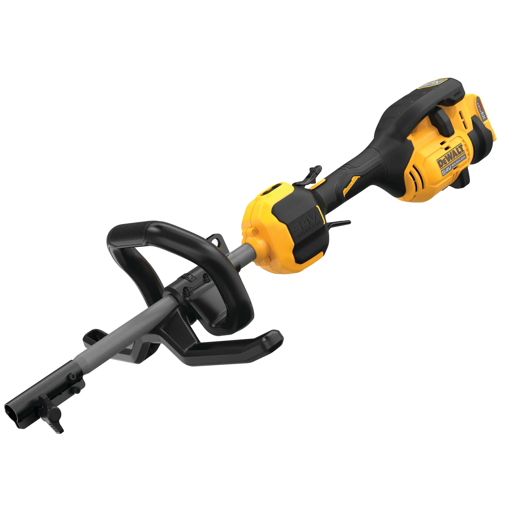 Una herramienta eléctrica inalámbrica DEWALT con diseño amarillo y negro, que presenta una empuñadura y un conector de accesorio, mostrada sobre fondo blanco.