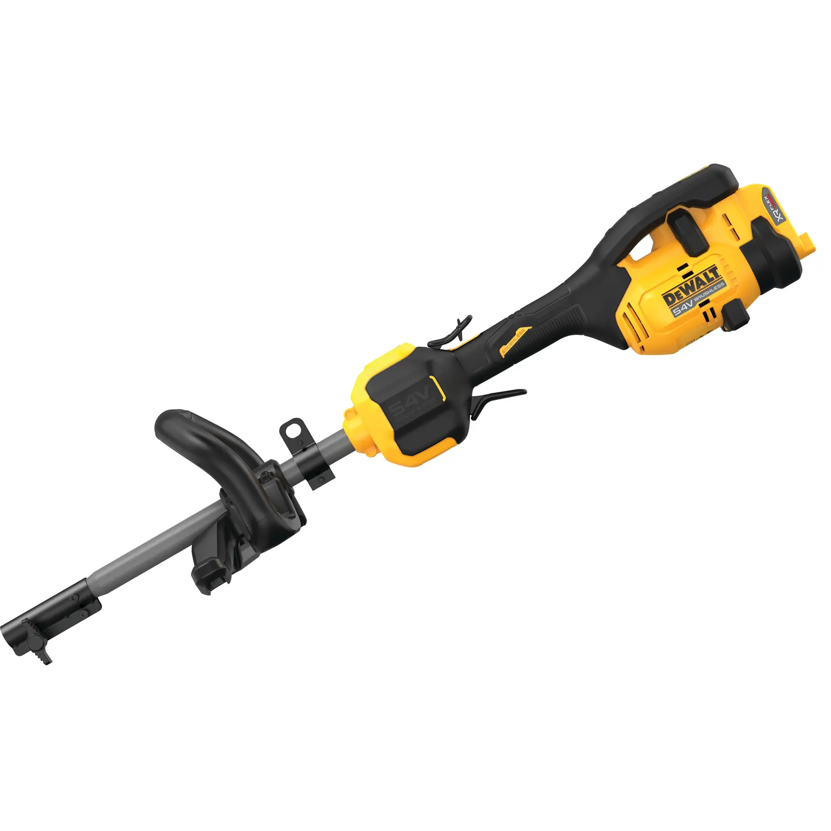 Una herramienta eléctrica inalámbrica de DEWALT con diseño amarillo y negro, con un mango y eje recto, probablemente utilizada para tareas de corte o recorte.