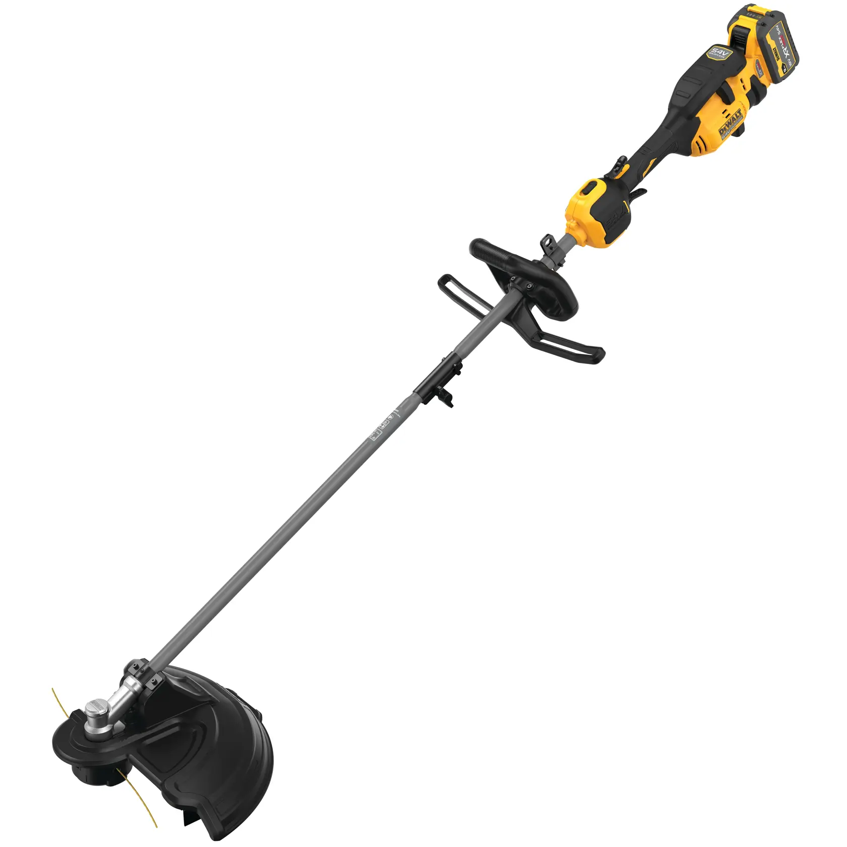Desbrozadora inalámbrica DEWALT amarilla y negra con eje recto, manija auxiliar y protector, diseñada para trabajos de jardinería en exteriores.