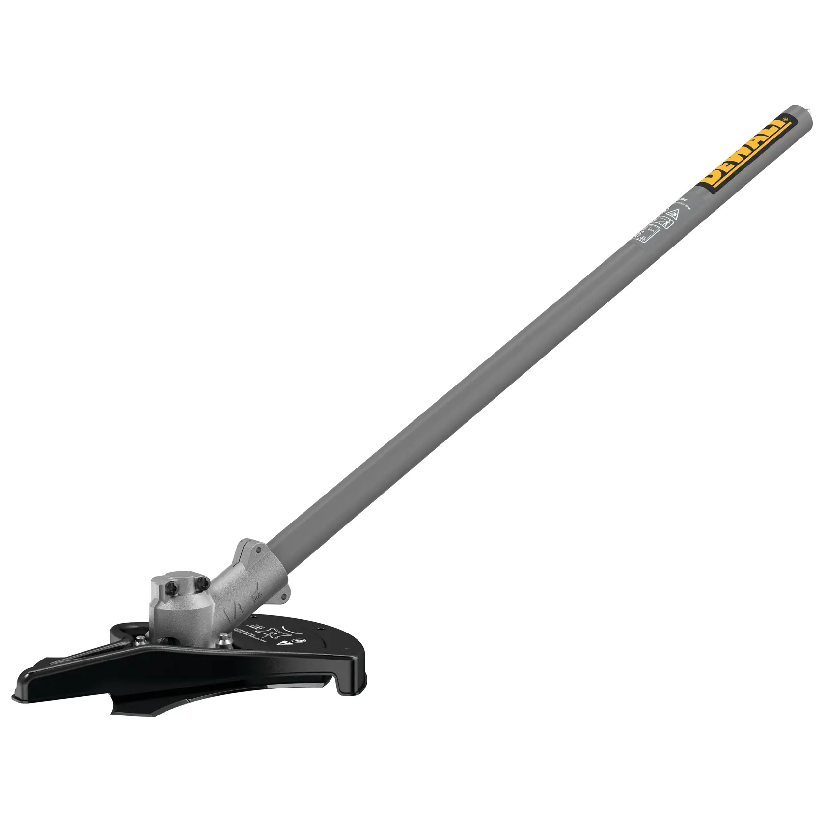 A DEWALT string trimmer attachment with a long grey shaft and a black cutting guard, designed for landscaping and garden maintenance.