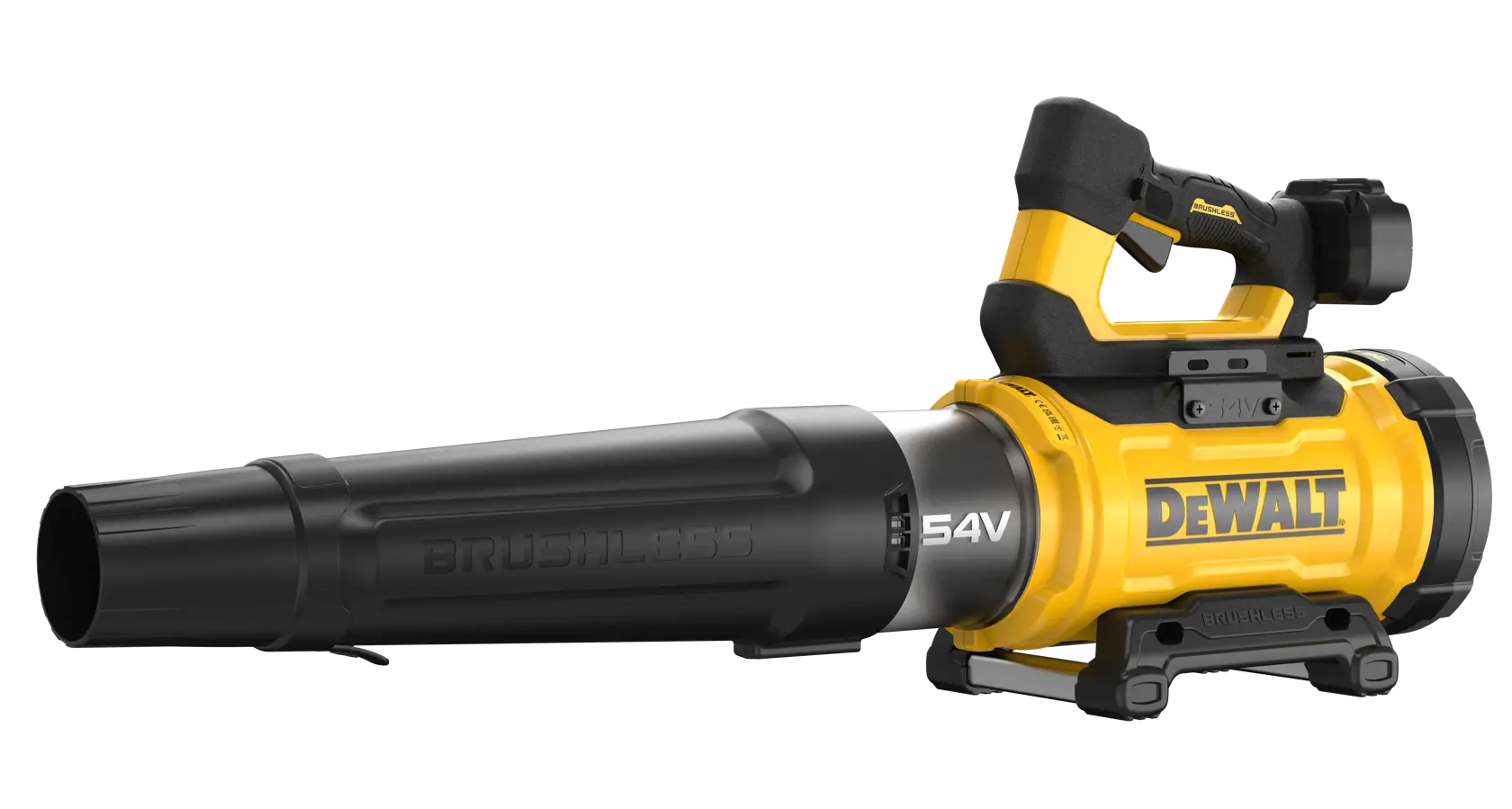 DEWALT cordless leaf blower, yellow and black, brushless motor, model DCMBL777N, 54V power.