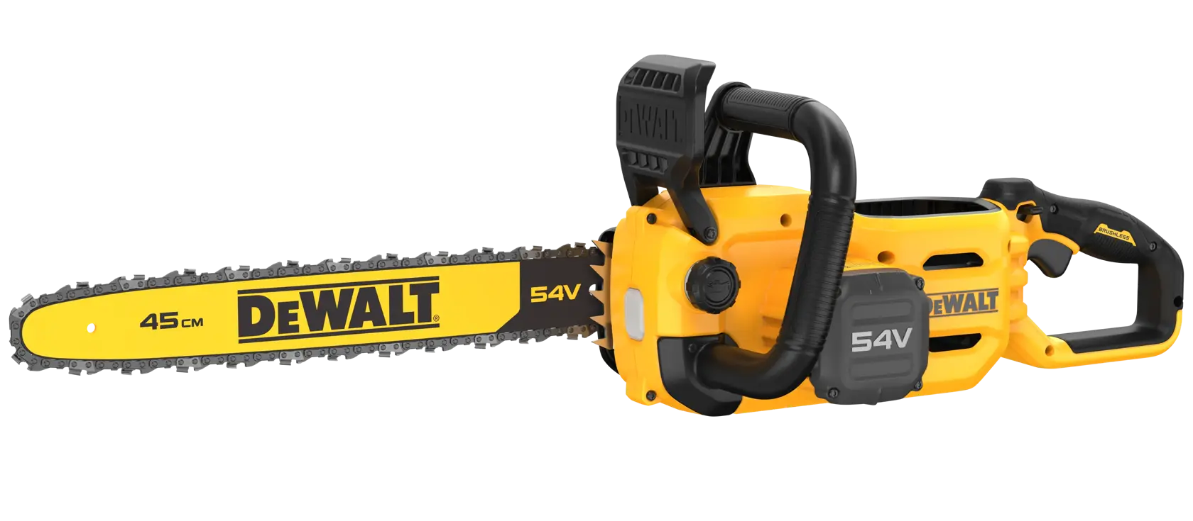 DEWALT 54V cordless chainsaw, yellow and black, 45cm bar, ergonomic handle, shown on white background.