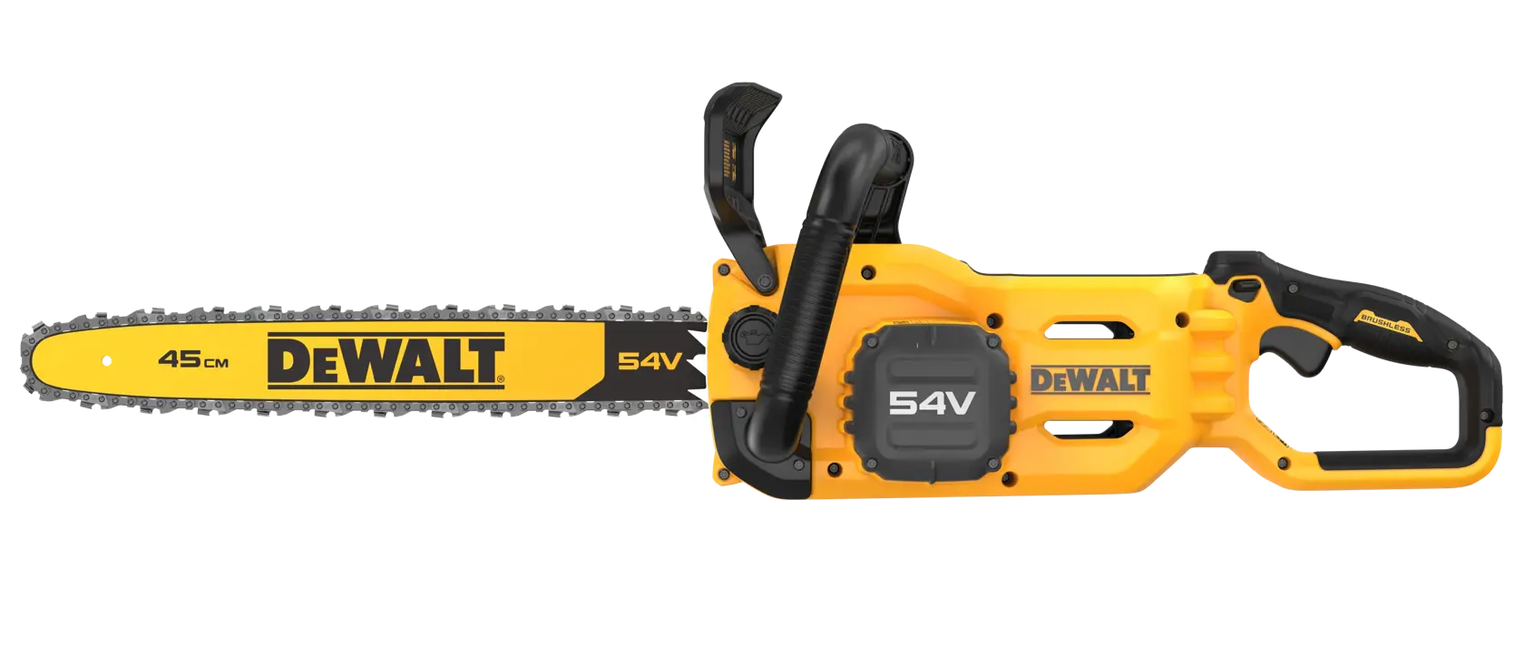 DEWALT 54V cordless chainsaw with yellow and black design, 45 cm bar, model DCMCS574N.
