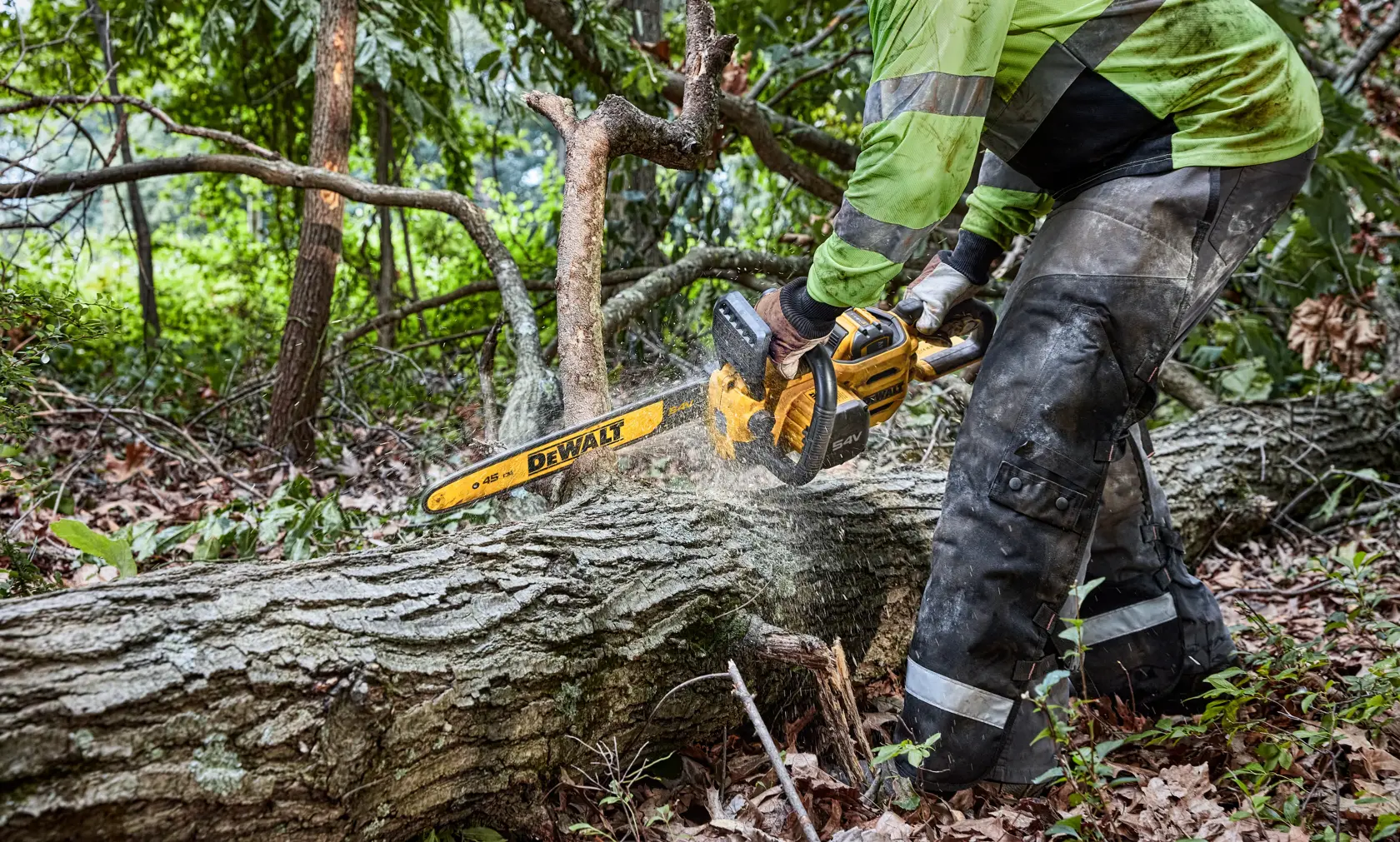 A person wearing protective gear uses a DEWALT cordless chainsaw to cut through a large fallen tree in a forested area.