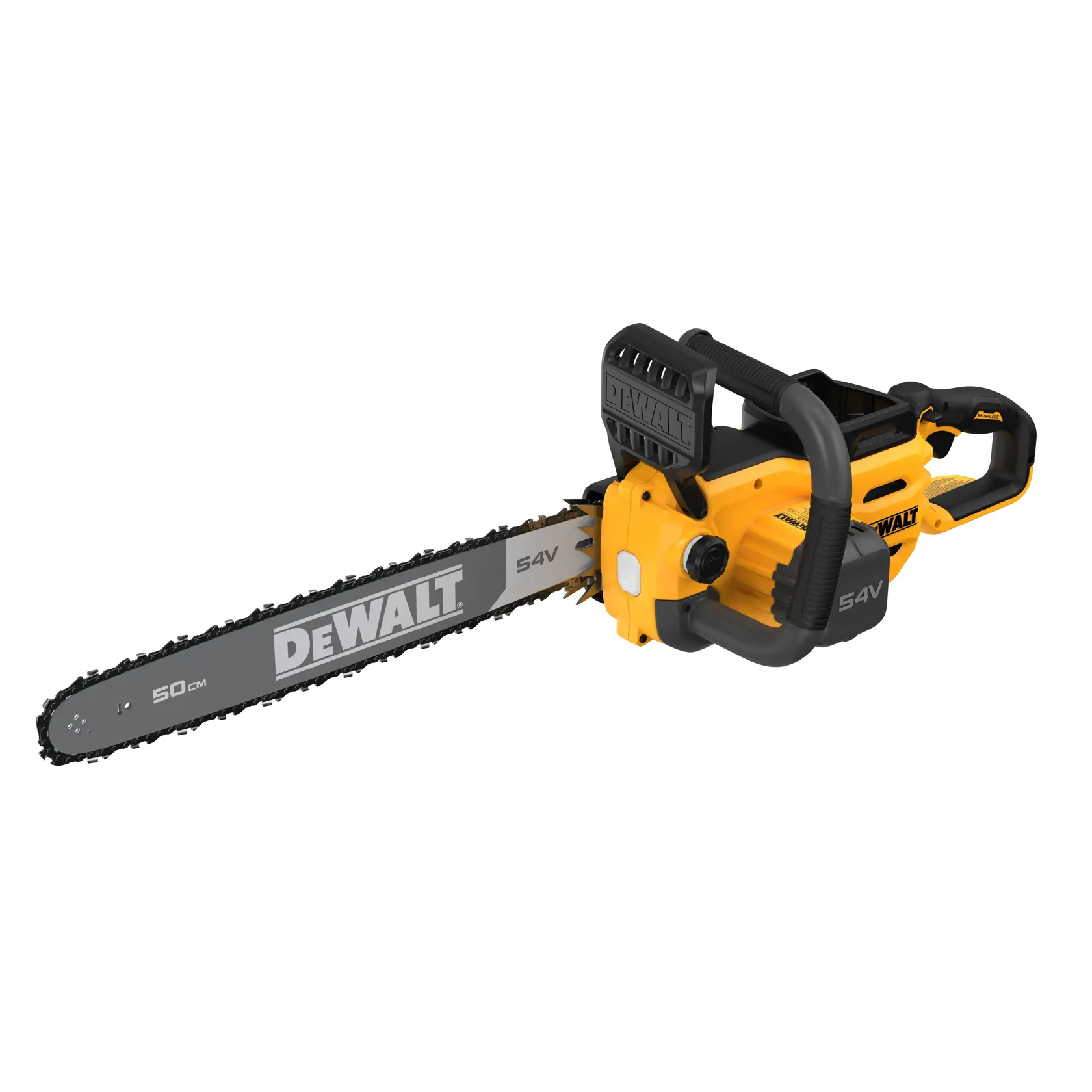 DEWALT 54V cordless chainsaw with a 50cm blade shown against a white background.