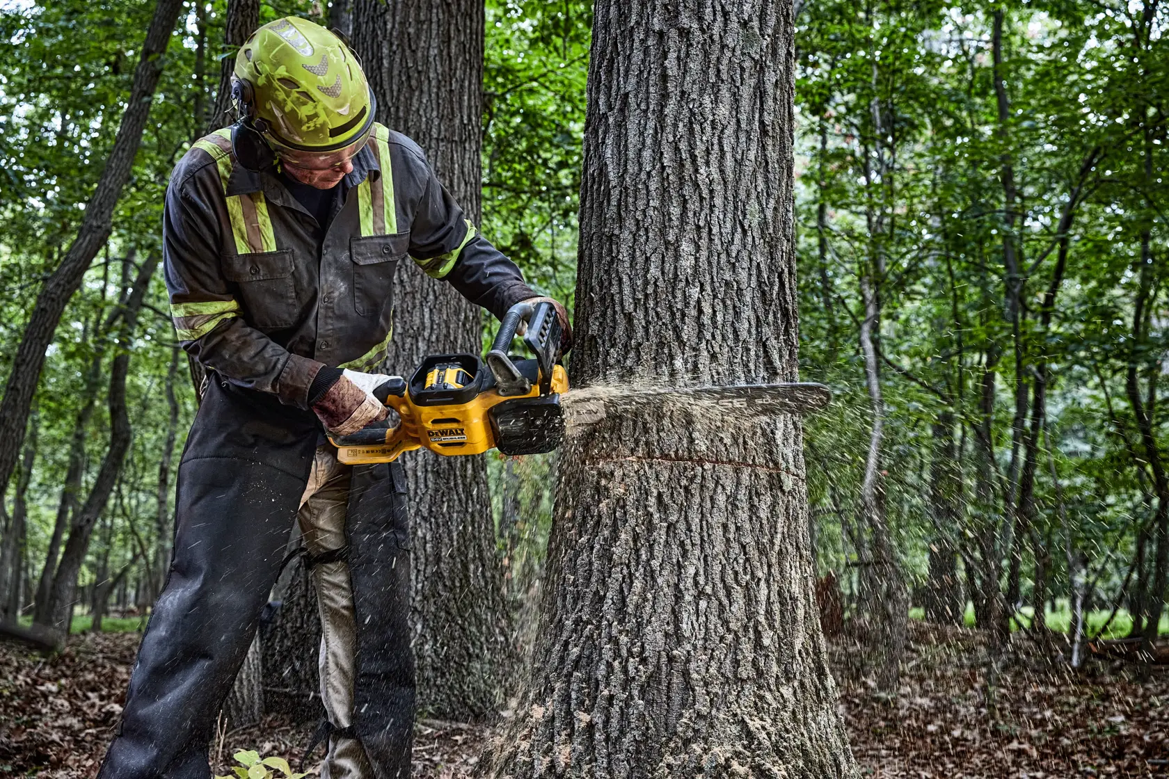 A person wearing protective gear is cutting a tree trunk in a forest using a yellow DEWALT chainsaw, model DCMCS575N. Wood