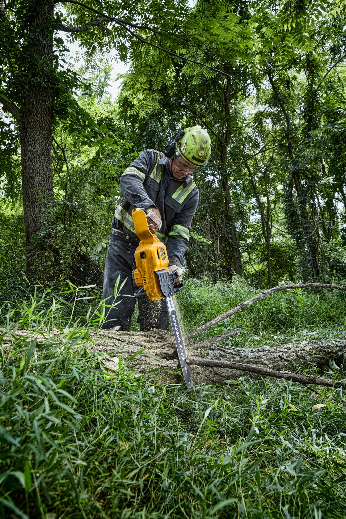 Una persona con indumenti protettivi utilizza una motosega a batteria gialla DEWALT per tagliare un albero caduto in una zona boschiva.