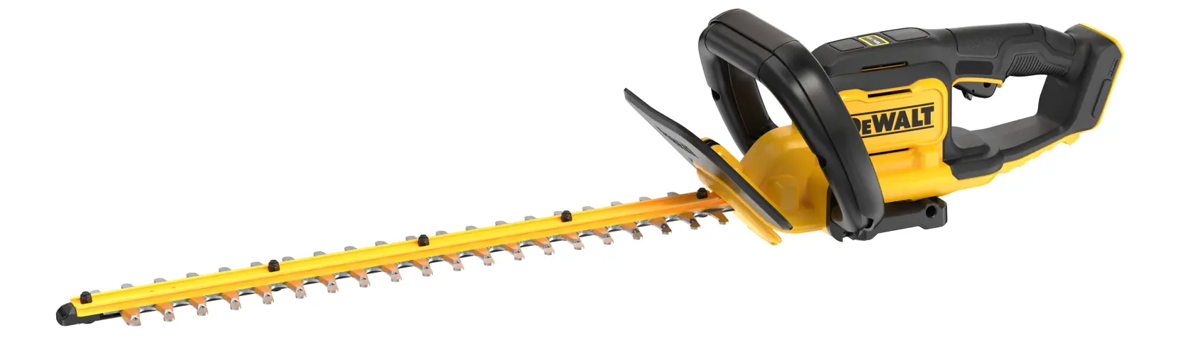 DEWALT Akku-Heckenschere mit gelb-schwarzem Gehäuse, ergonomischem Griff und langem Messer.