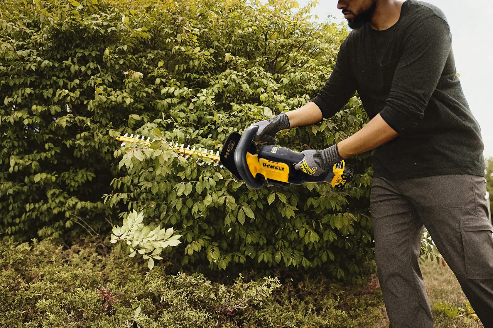 Person schneidet Büsche mit einem DEWALT Heckenschneider im Freien. Gesicht ist unscharf.