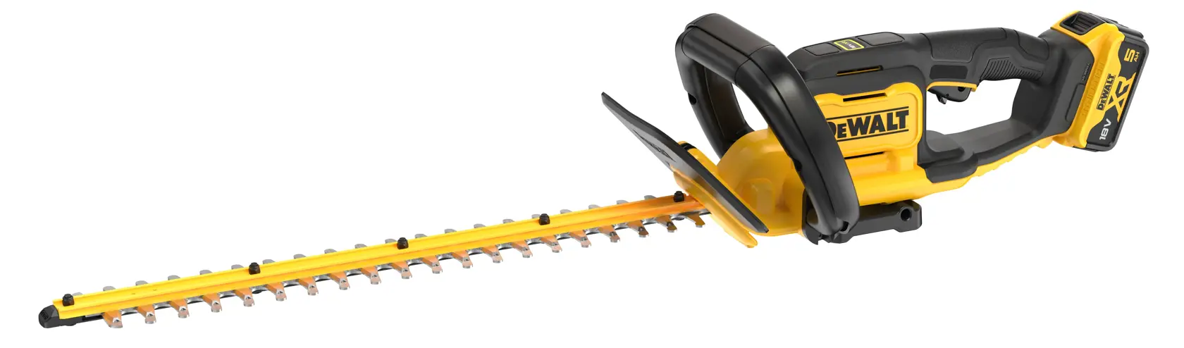 DEWALT cordless hedge trimmer with yellow body, black handle and battery, shown on a white background.