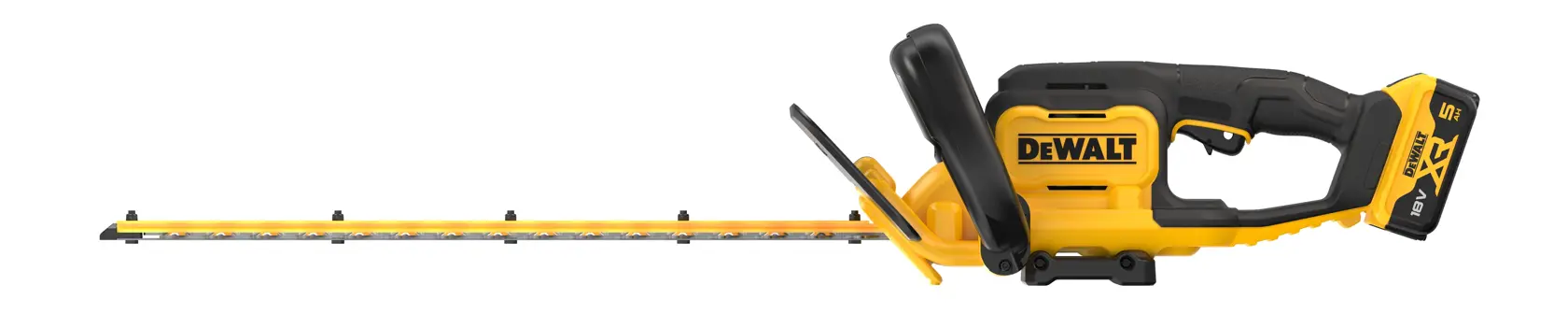Yellow and black cordless hedge trimmer with long blade and ergonomic handle.