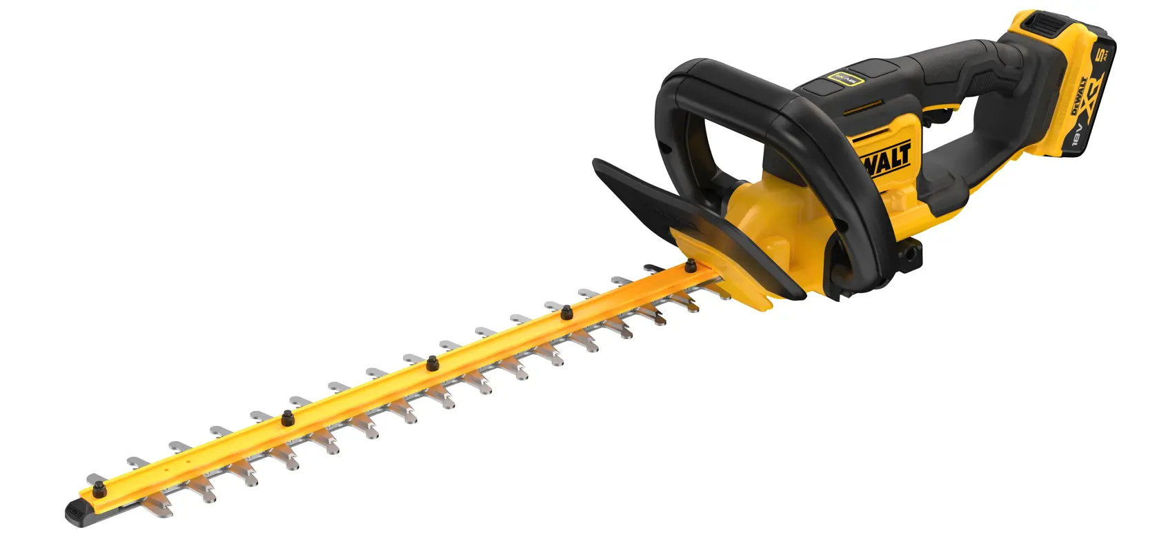Yellow and black DEWALT cordless hedge trimmer with a long blade and ergonomic handle.