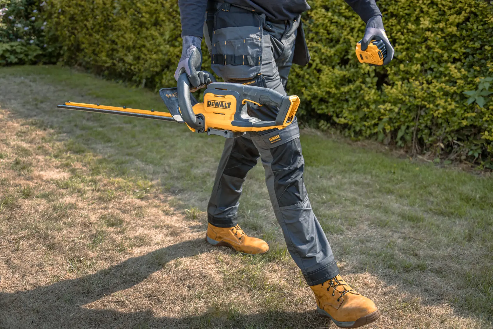 A person wearing work gloves and protective clothing is holding a yellow and black DEWALT cordless hedge trimmer and walking on a grassy area next to bushes.