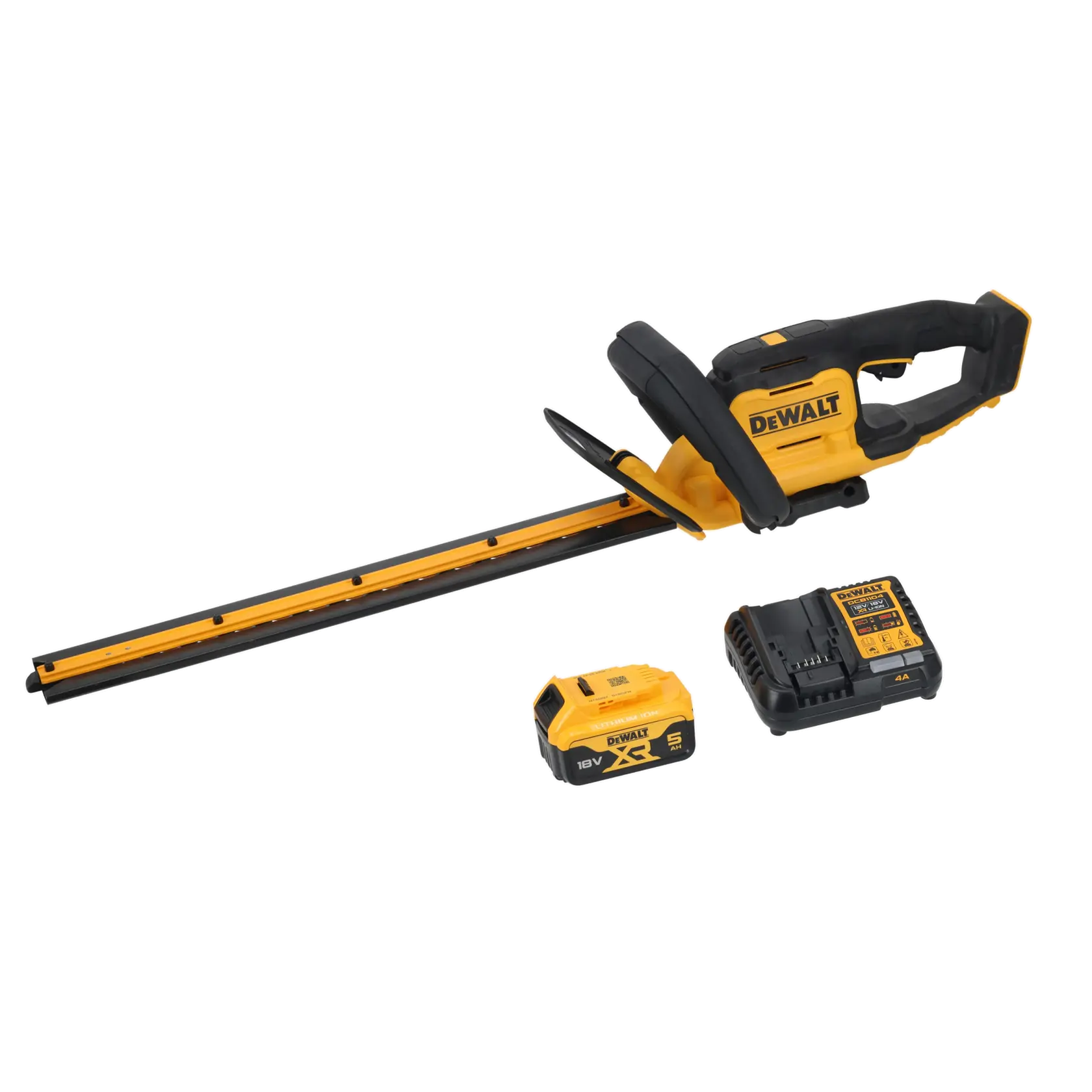 DEWALT cordless hedge trimmer kit with blade cover, battery, and charger shown on a white background.