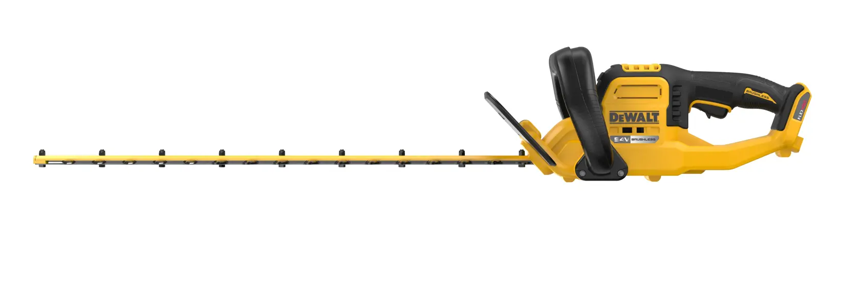 Cortasetos inalámbrico DEWALT amarillo y negro con hoja larga, mostrado sobre fondo blanco.