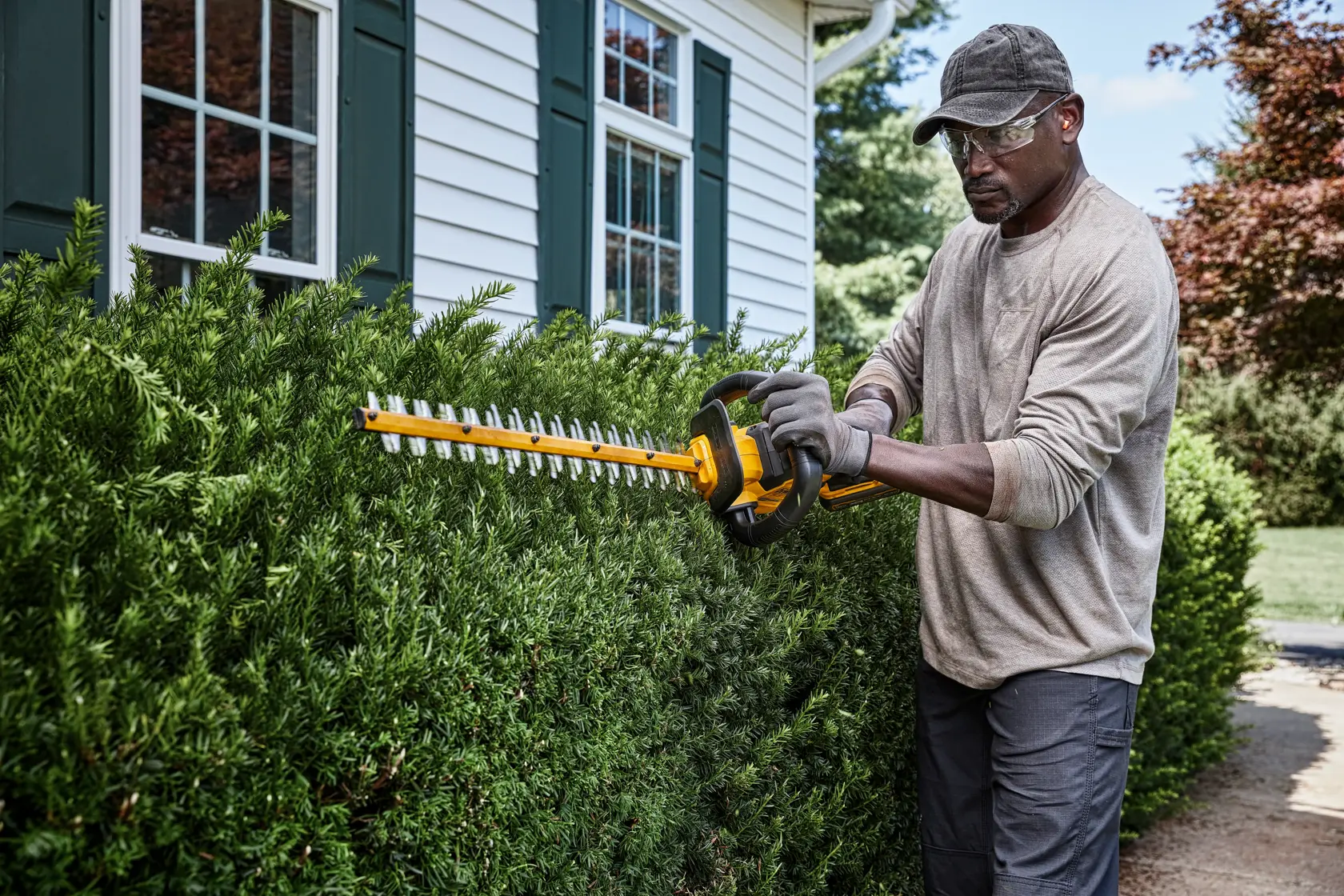 Una persona está recortando un seto afuera de una casa usando una recortadora de setos inalámbrica amarilla DEWALT. La persona lleva guantes, una gorra y ropa casual.