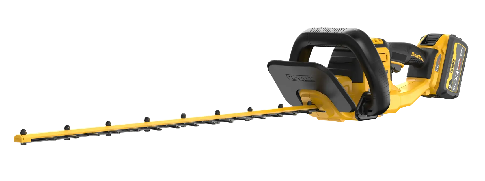 DEWALT cordless hedge trimmer with long yellow and black blade and ergonomic handle, shown on white background.