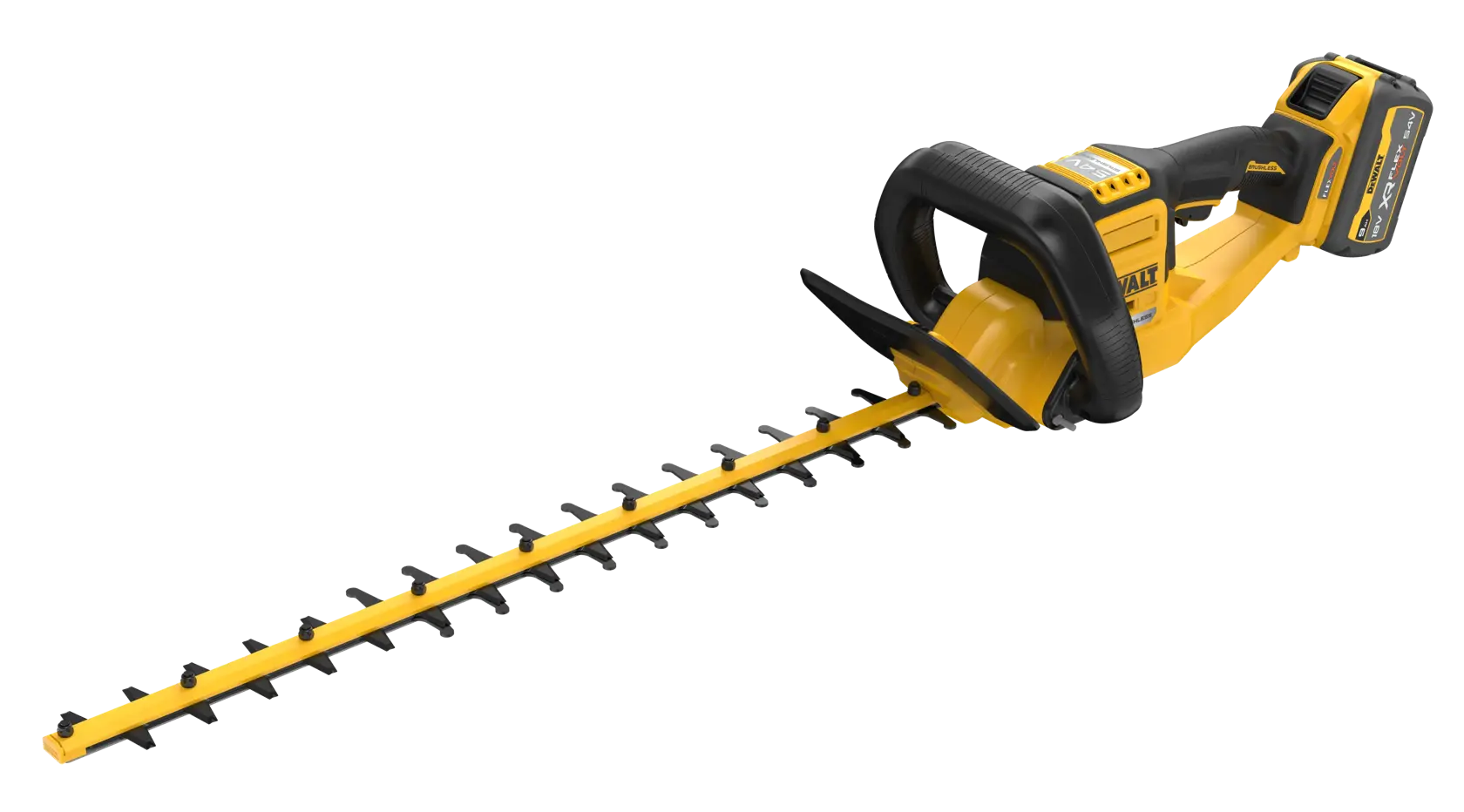 Gelber DEWALT Akku-Heckenschneider mit schwarzem Griff und langem Messer vor weißem Hintergrund.