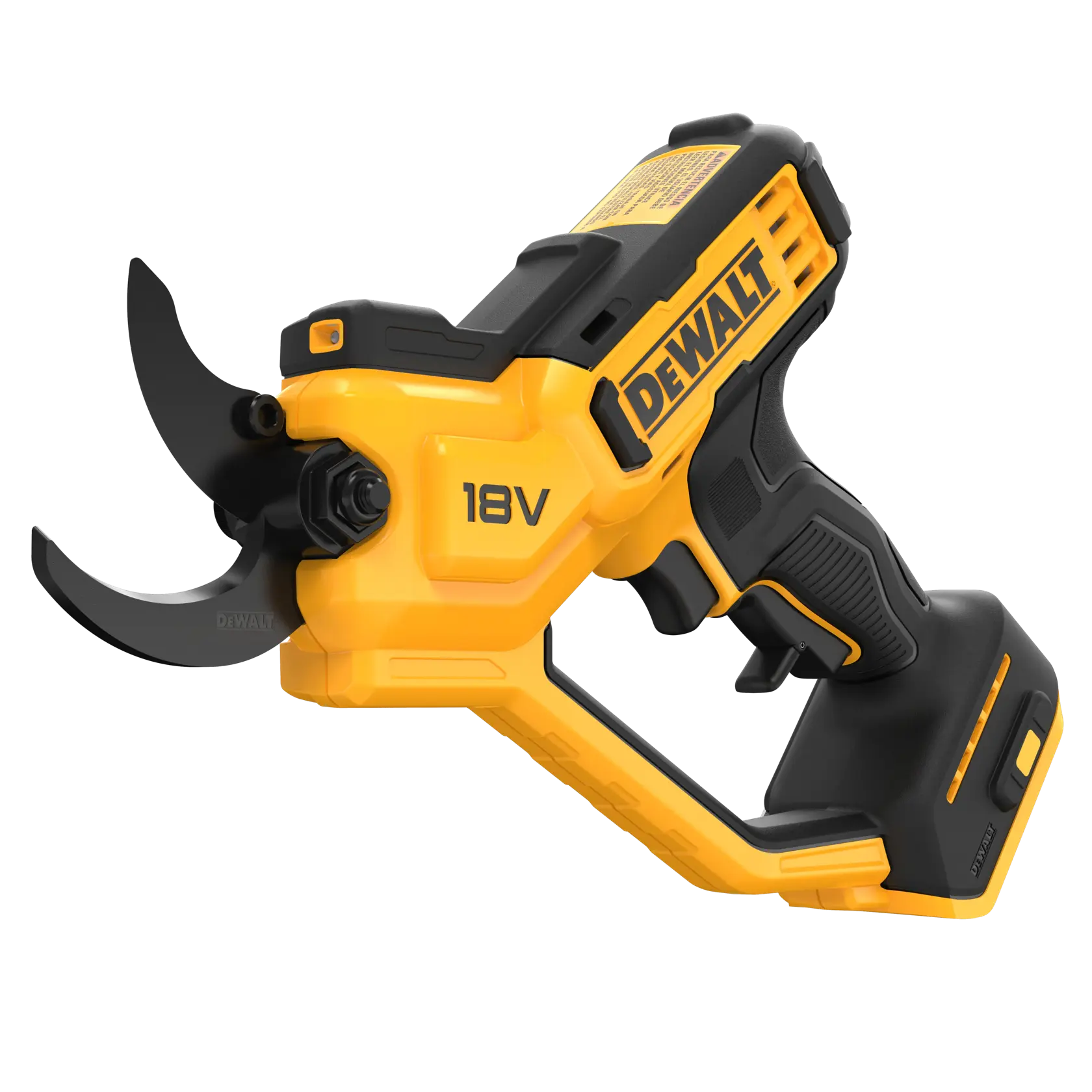 DEWALT 18V cordless pruning shears with ergonomic black-yellow handle and sharp blades.