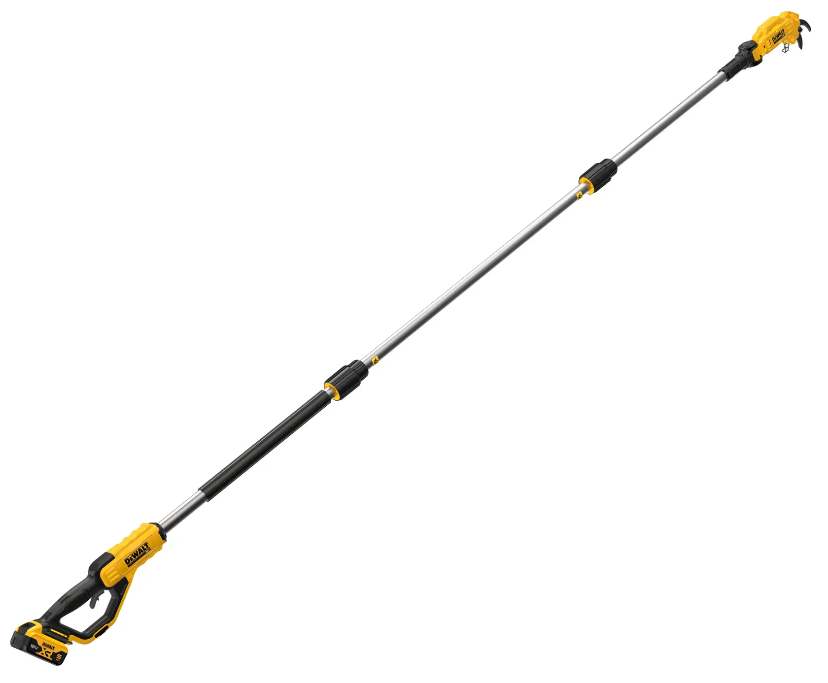 DEWALT cordless pole saw with yellow and black design, extended shaft and battery for pruning branches.