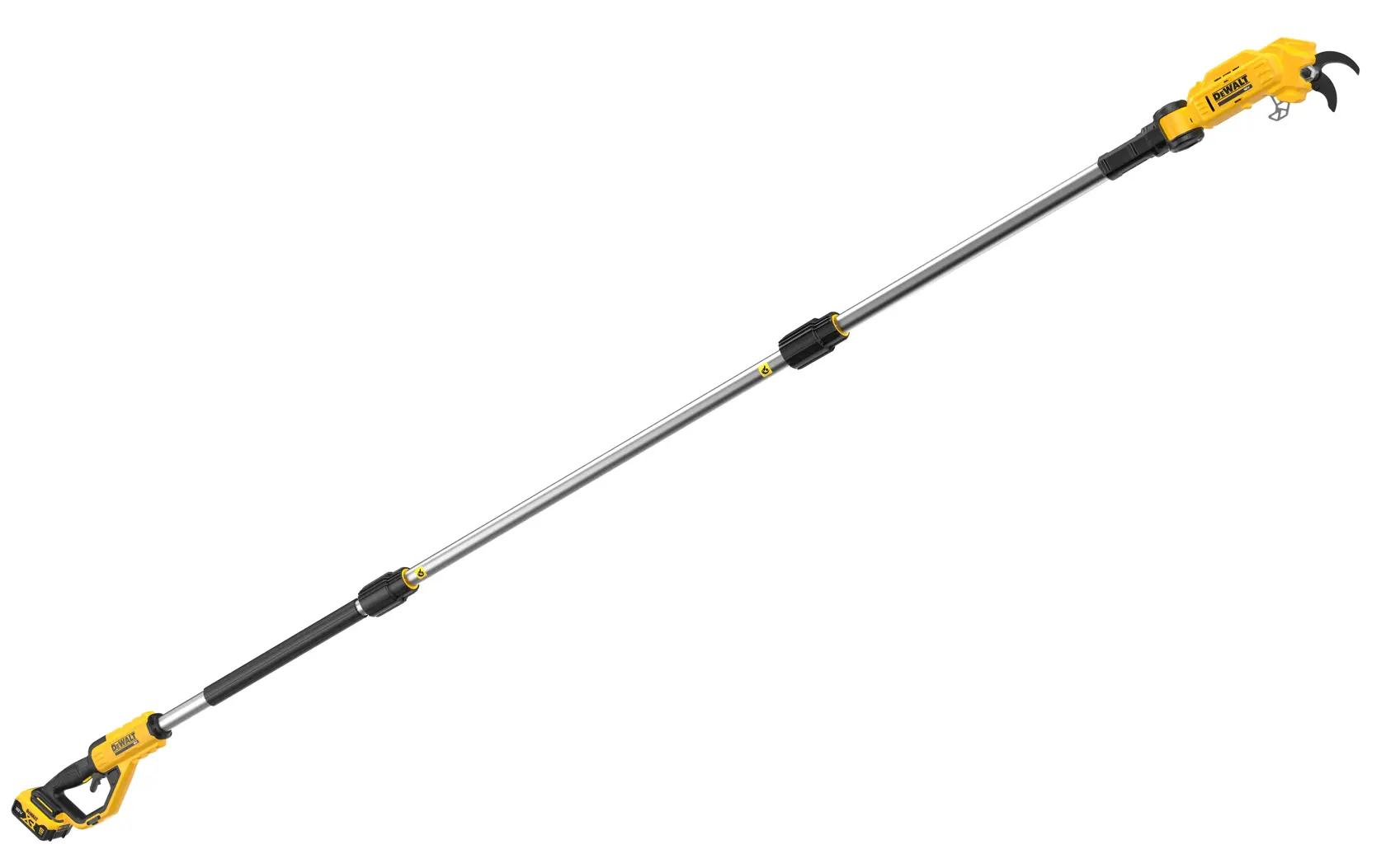 DEWALT cordless pole pruner with yellow and black design, extendable for cutting branches.