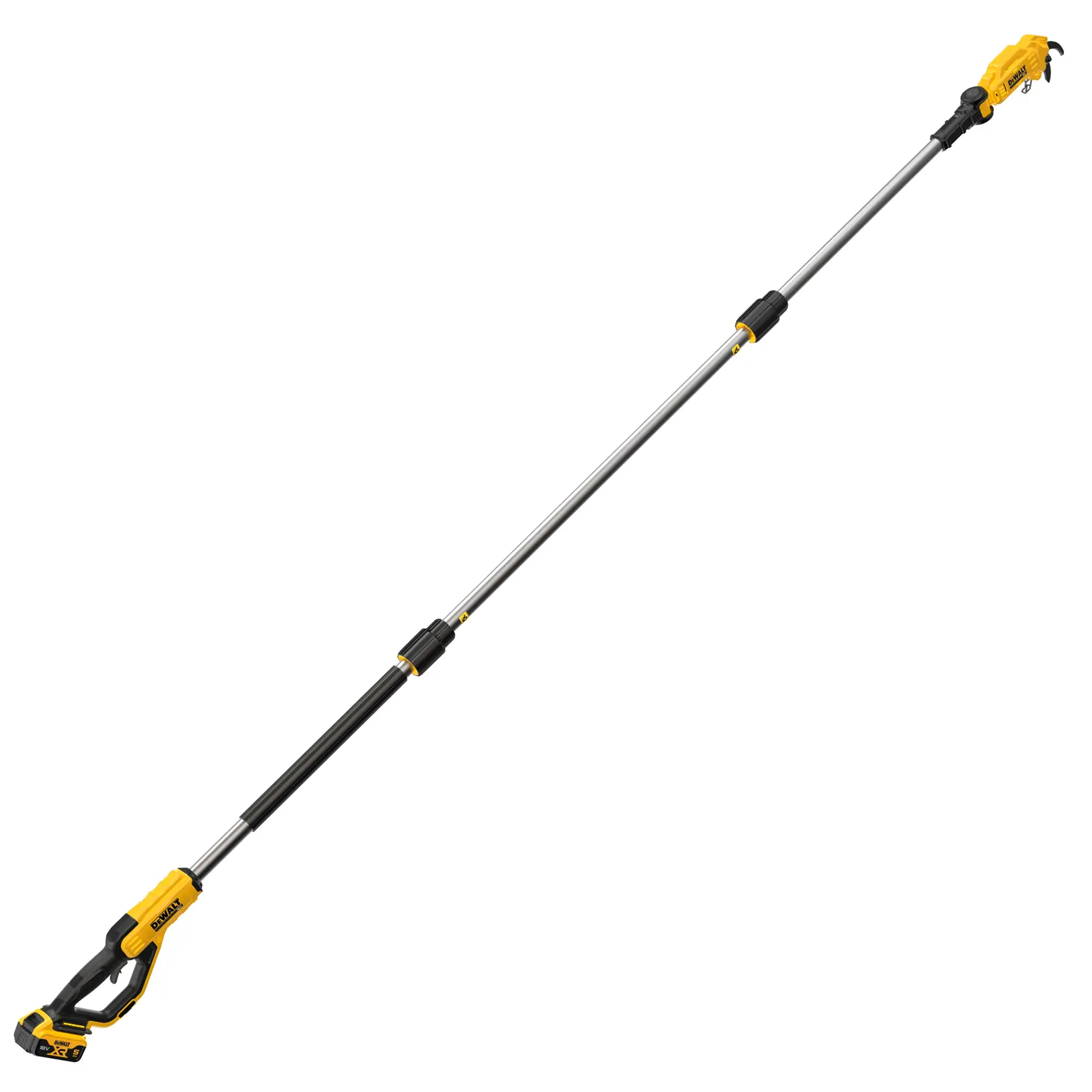 A DEWALT cordless pole saw with an extendable shaft, designed for trimming tree branches.