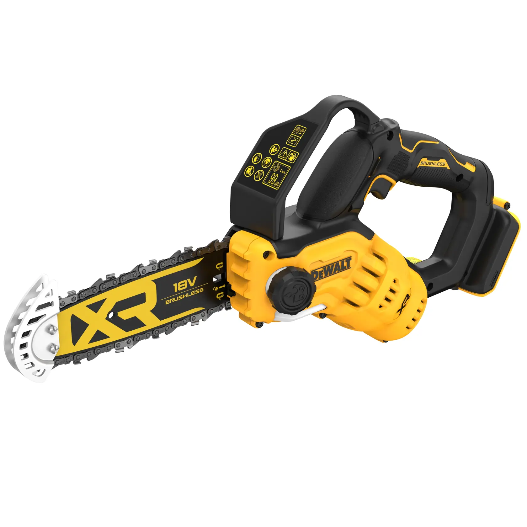 Motosierra inalámbrica DEWALT 18V XR brushless amarilla y negra con mango ergonómico y protector de mano, modelo DCMPS520N.