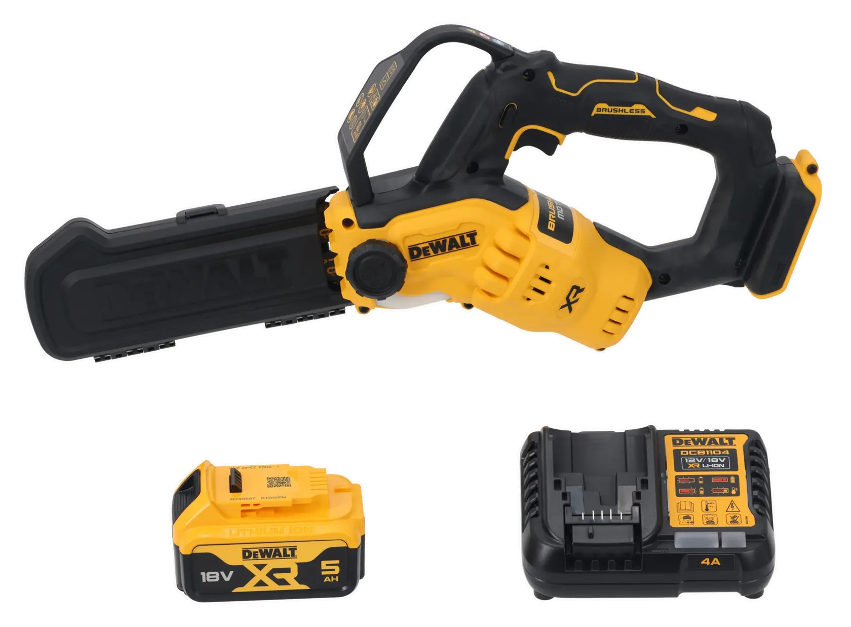 DEWALT cordless pole saw kit with battery and charger, yellow and black color, protective blade cover shown.