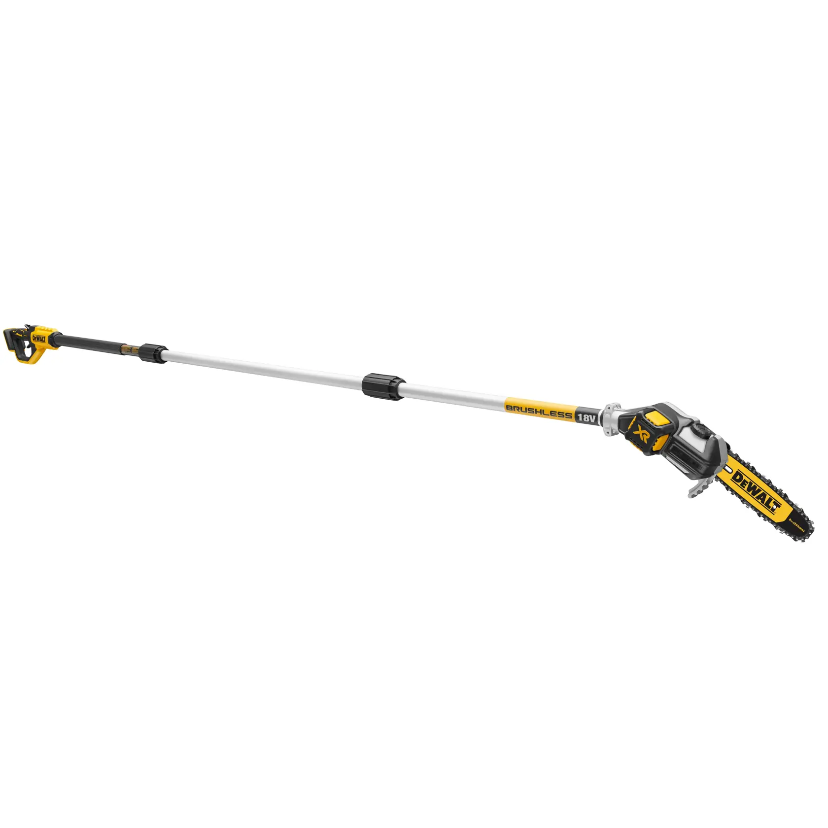 DEWALT 18V cordless pole saw with brushless motor, long telescopic shaft, and chain saw attachment.