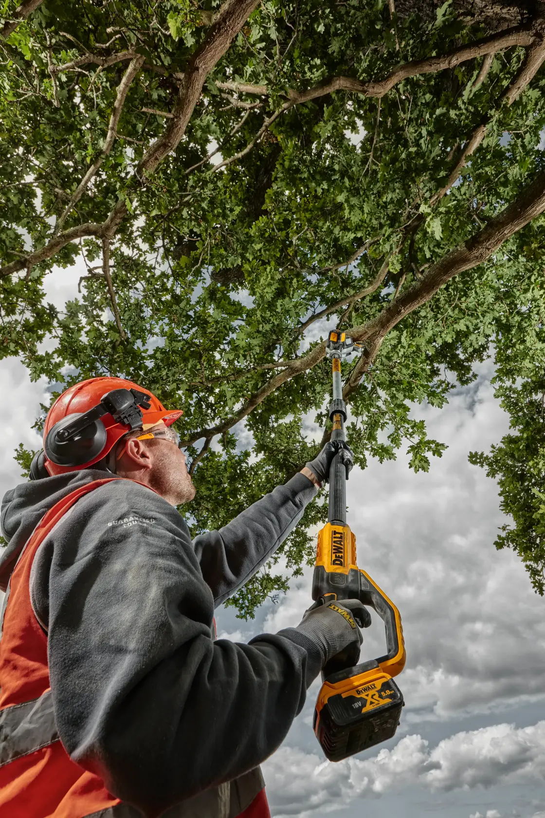 Person uses a DEWALT cordless pole saw to trim tree branches outdoors, wearing safety gear under cloudy sky.