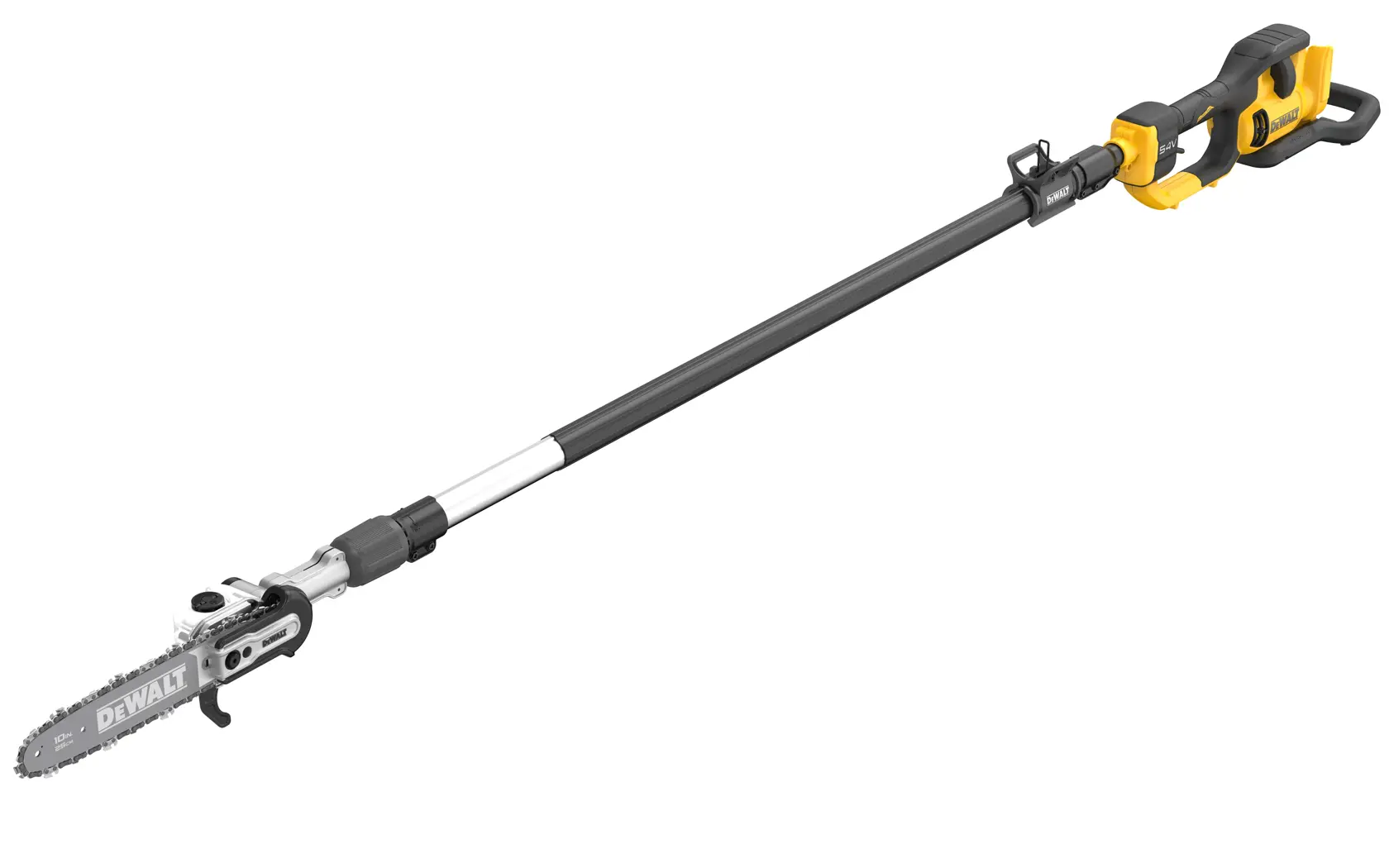 DEWALT Akku-Teleskopsäge mit langem Griff zum sicheren Schneiden hoher Äste.