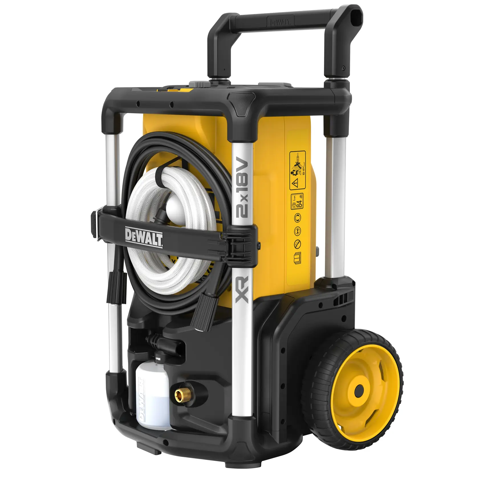 Hidrolavadora portátil DEWALT, modelo DCMPW1600, con diseño amarillo y negro, grandes ruedas para fácil transporte, manguera enrollada en la parte delantera y mango ergonómico.