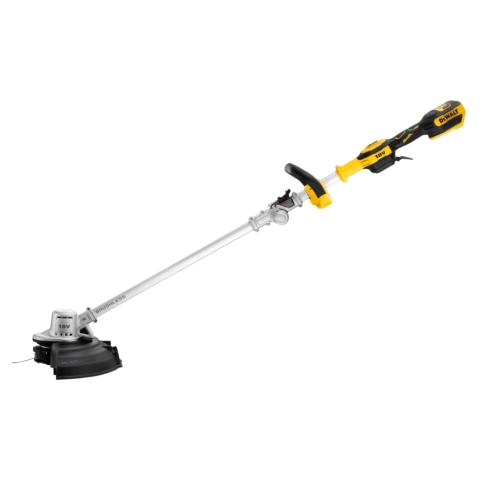 Cortabordes inalámbrico DEWALT 18V, amarillo y negro, brushless, con mango para cortar césped.