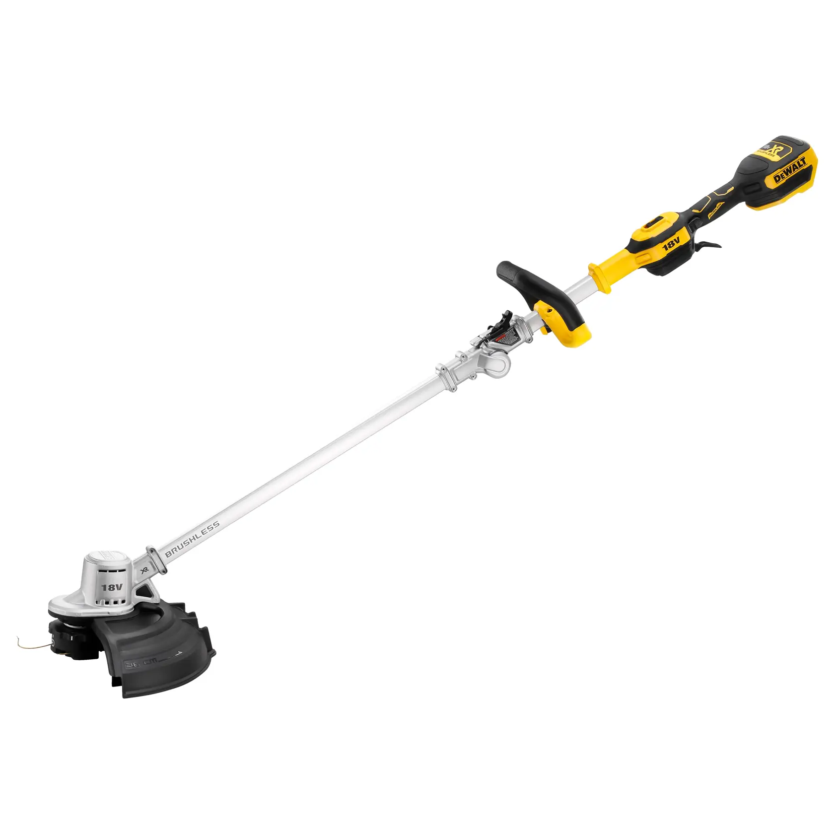 Recortadora inalámbrica DEWALT con mango amarillo y negro, eje plateado y protector.