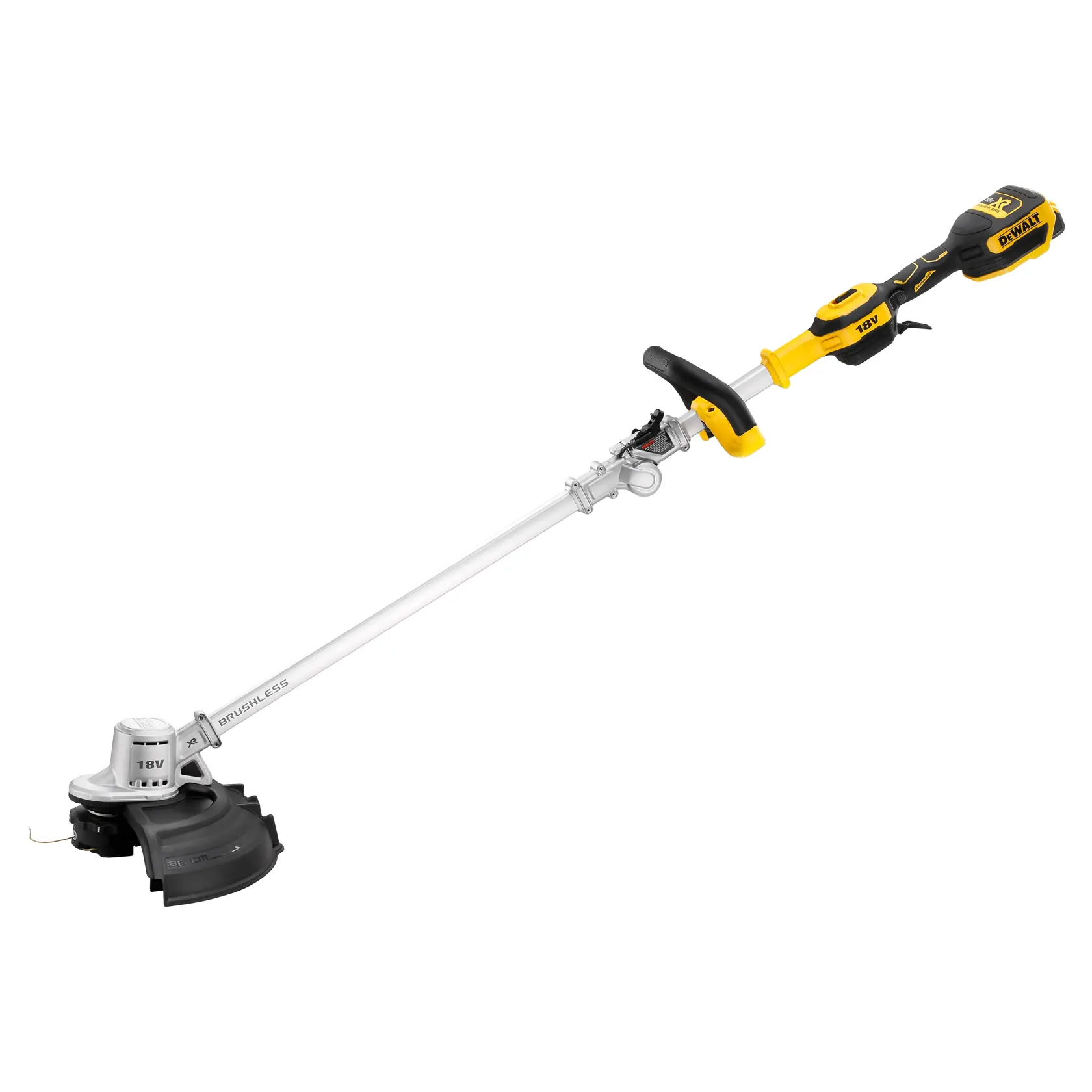 Una desbrozadora inalámbrica DEWALT con motor brushless y batería de 18V, con mango amarillo y negro y eje plateado, diseñada para el mantenimiento de jardines y césped.