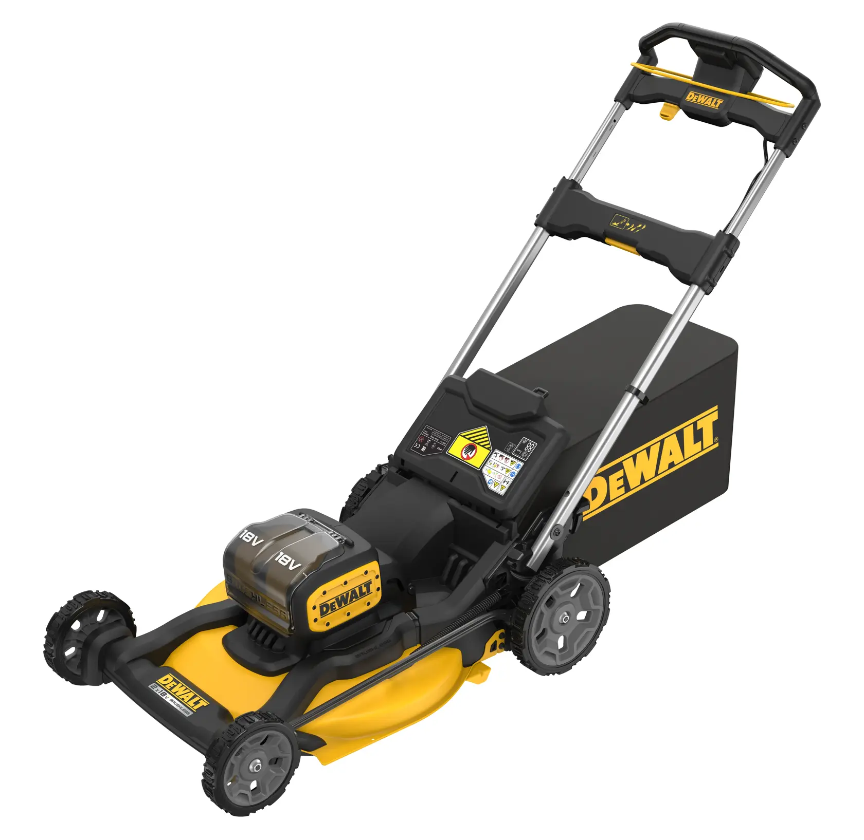 DEWALT cordless yellow lawn mower with black handle and grass collection box, shown on white background.