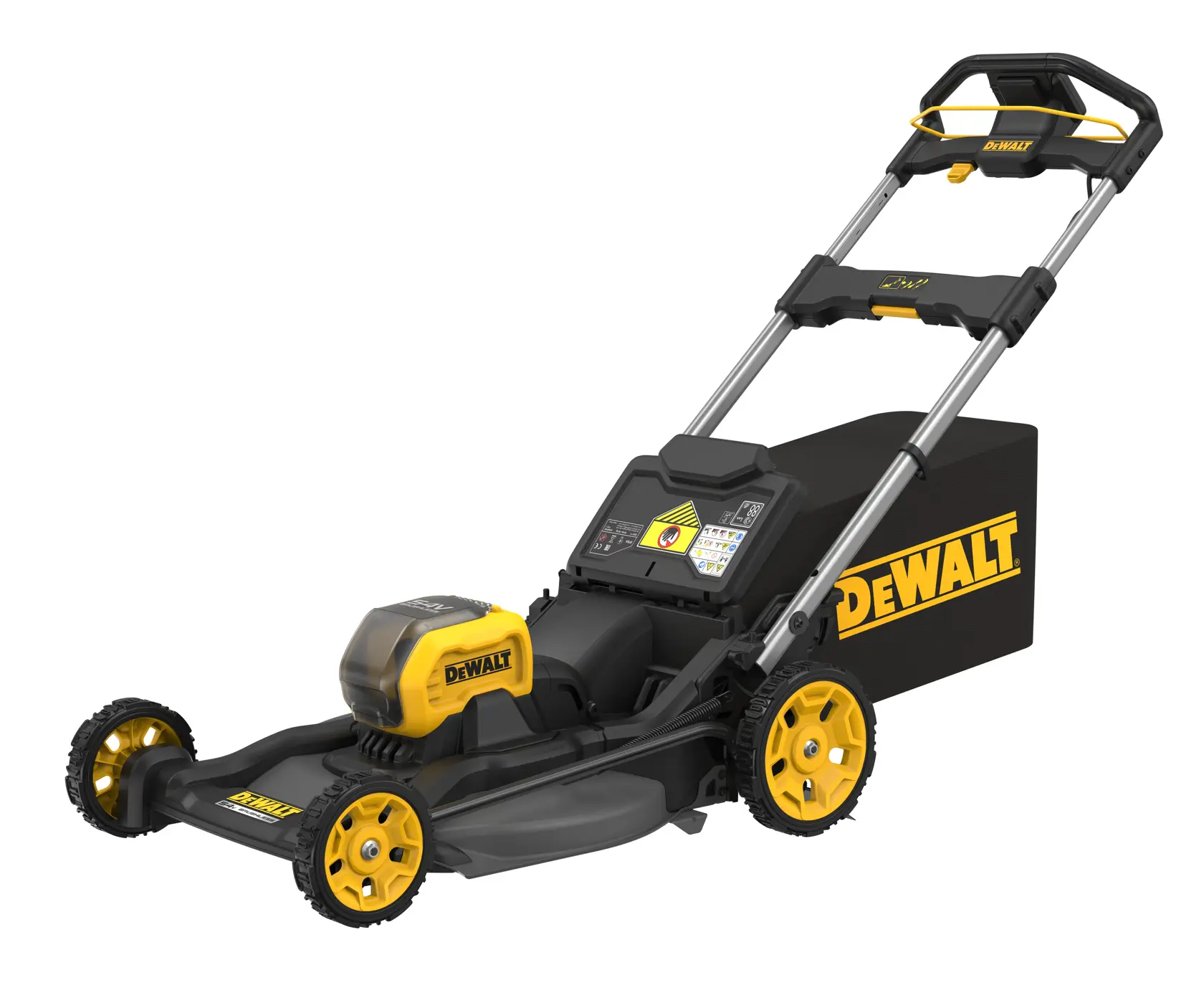 DEWALT Akku-Rasenmäher mit gelben Rädern und schwarzem Grasfangkorb, schräge Ansicht auf Weiß.